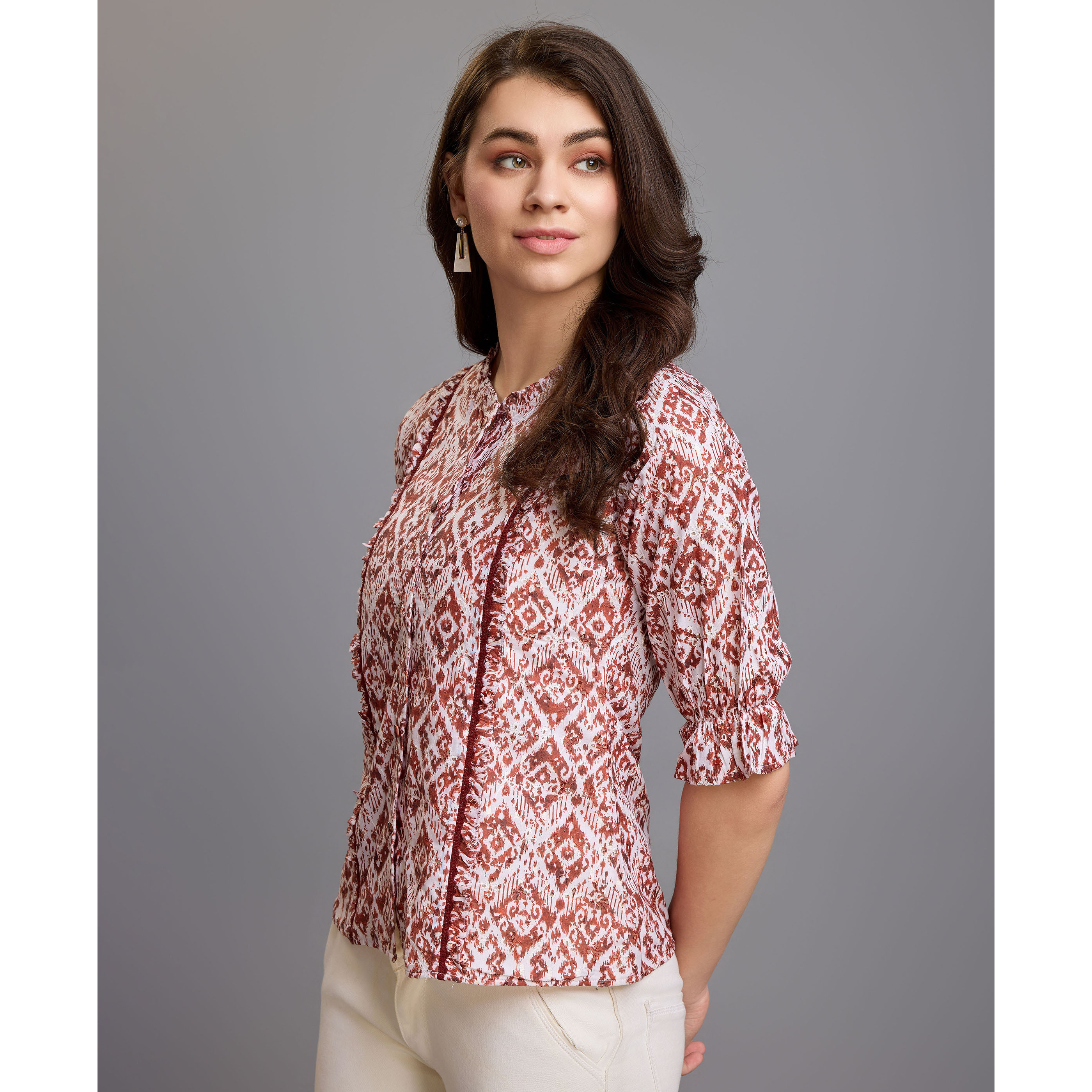 MOJILAA Women's Brown Pure Cotton Blend Ikat Bored Schiffli Embroidered A-line Top (Size S, Color Brown)