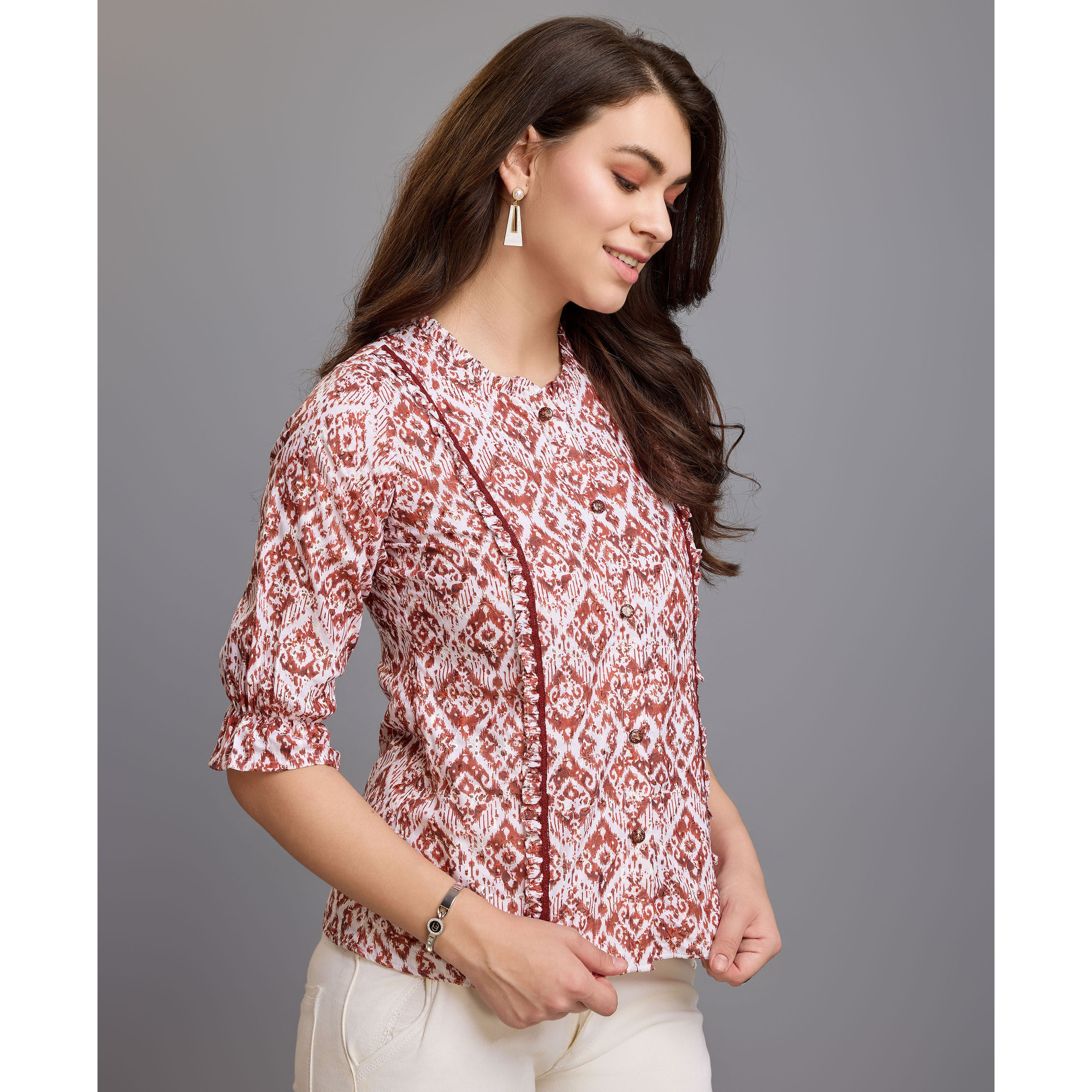MOJILAA Women's Brown Pure Cotton Blend Ikat Bored Schiffli Embroidered A-line Top (Size S, Color Brown)