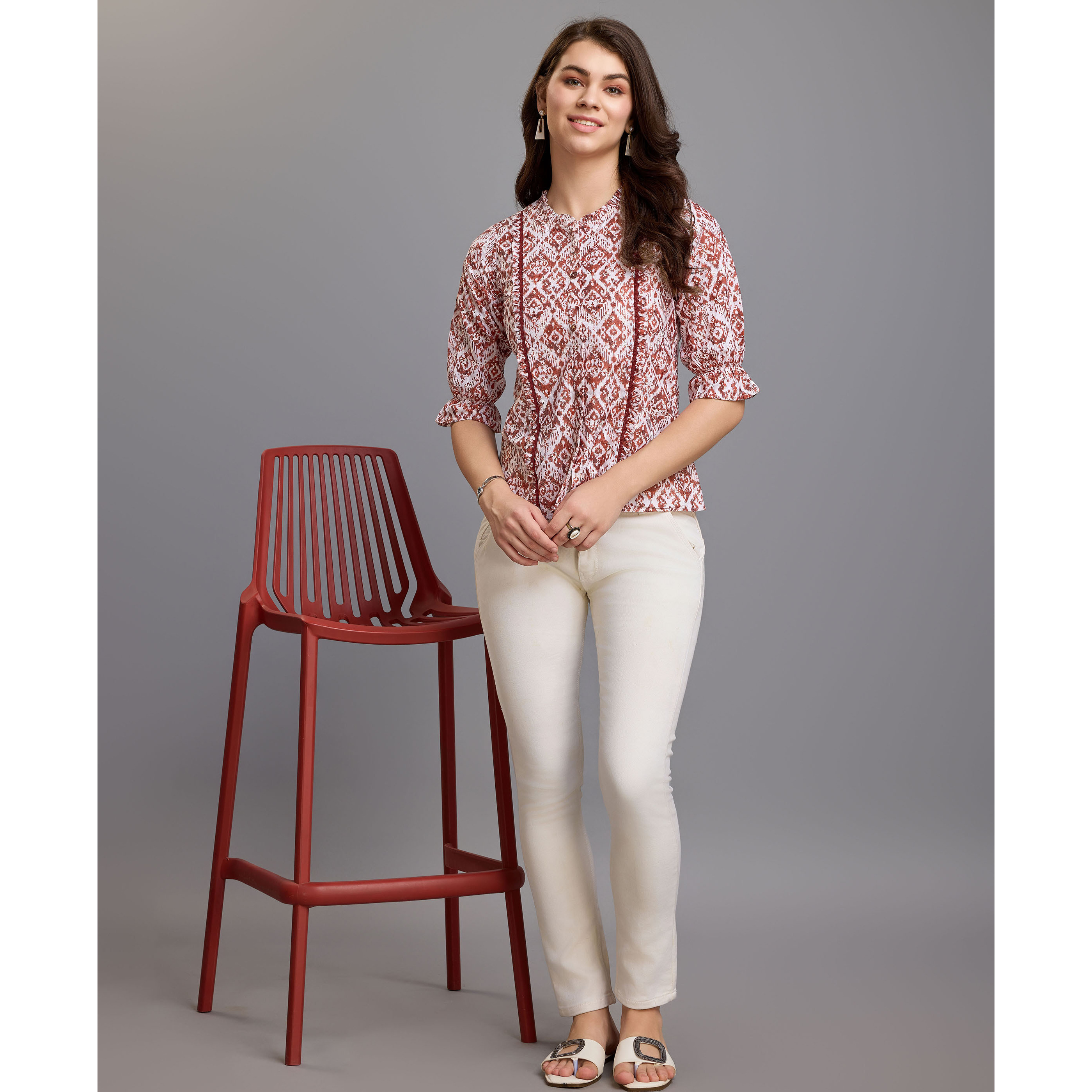 MOJILAA Women's Brown Pure Cotton Blend Ikat Bored Schiffli Embroidered A-line Top (Size S, Color Brown)