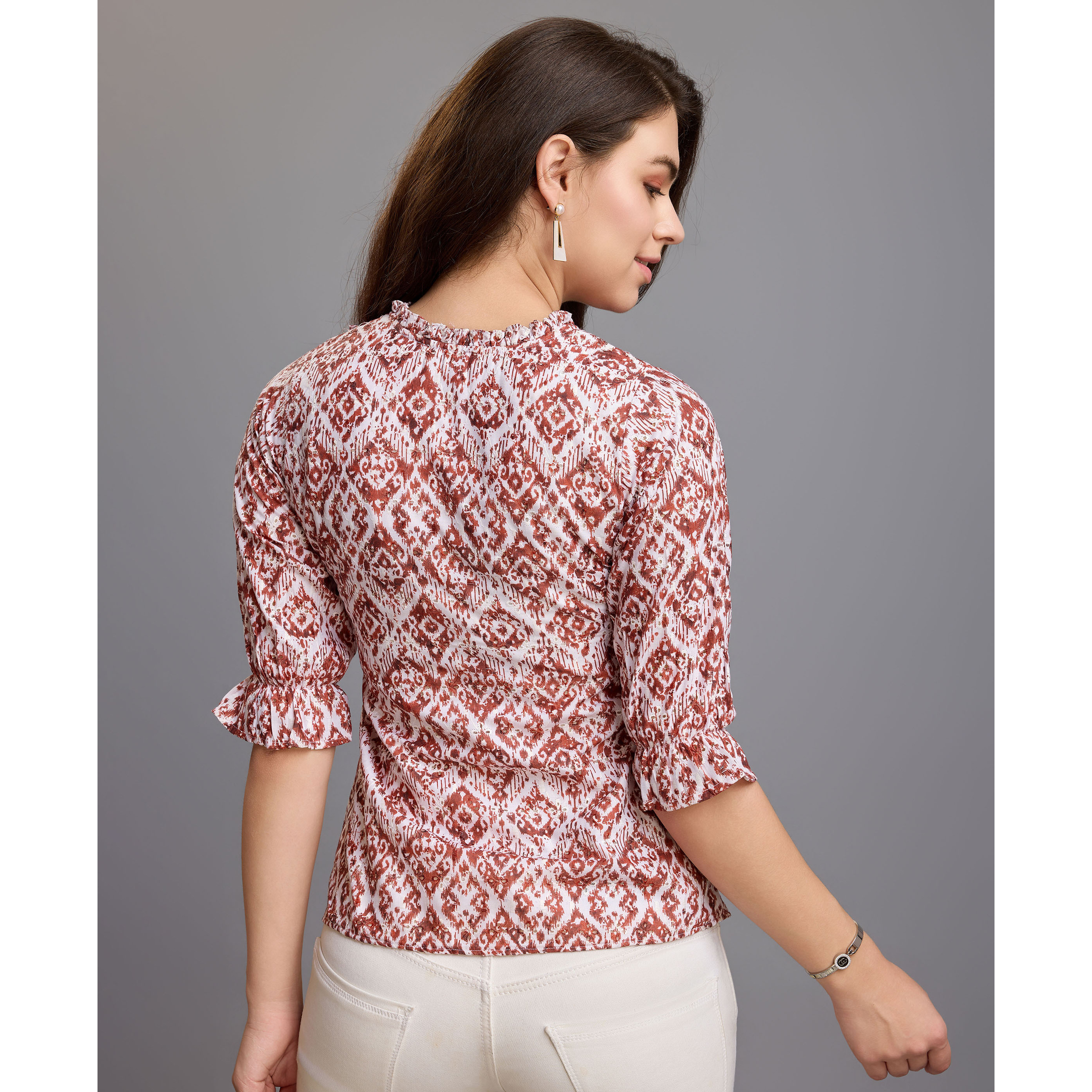 MOJILAA Women's Brown Pure Cotton Blend Ikat Bored Schiffli Embroidered A-line Top (Size S, Color Brown)