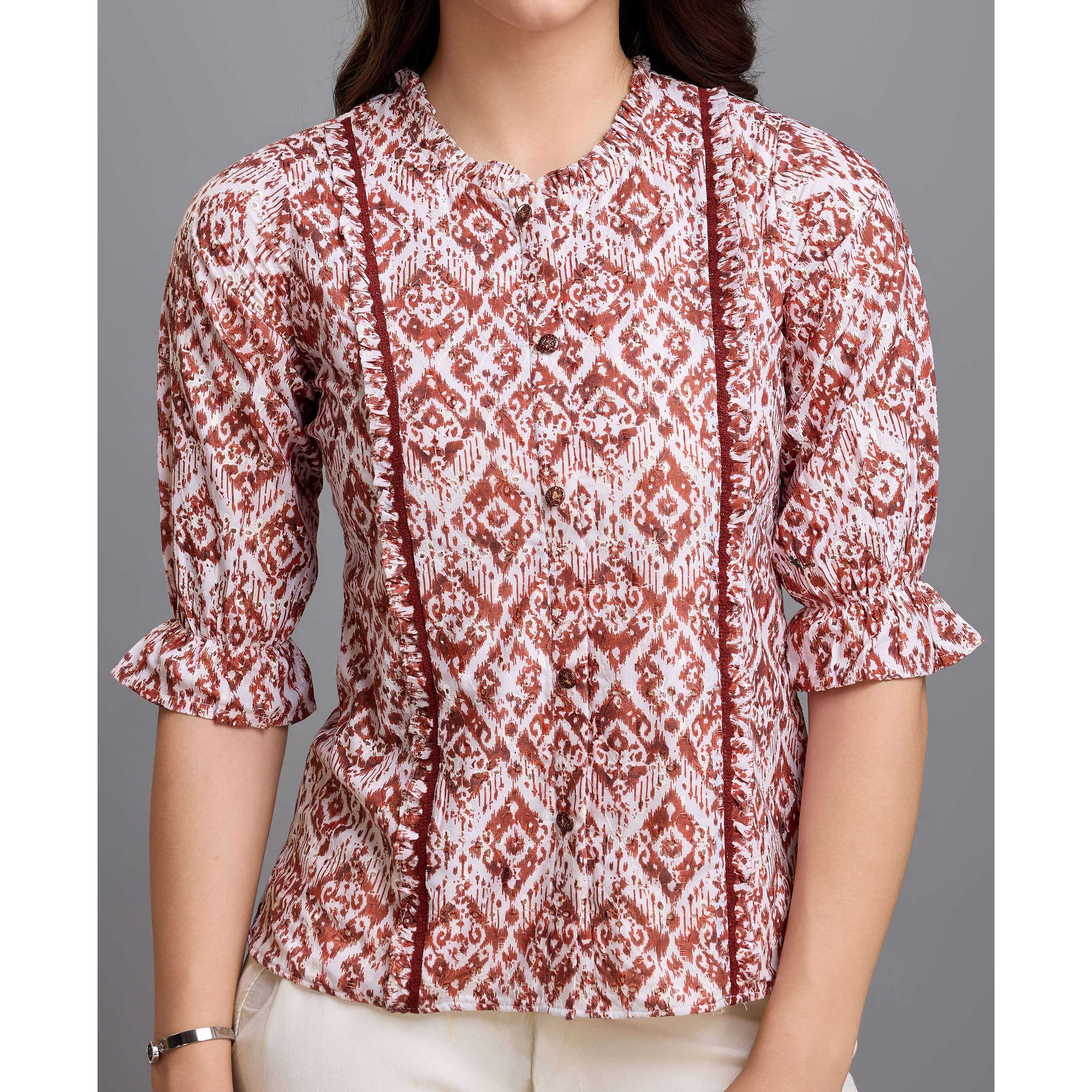 MOJILAA Women's Brown Pure Cotton Blend Ikat Bored Schiffli Embroidered A-line Top (Size S, Color Brown)