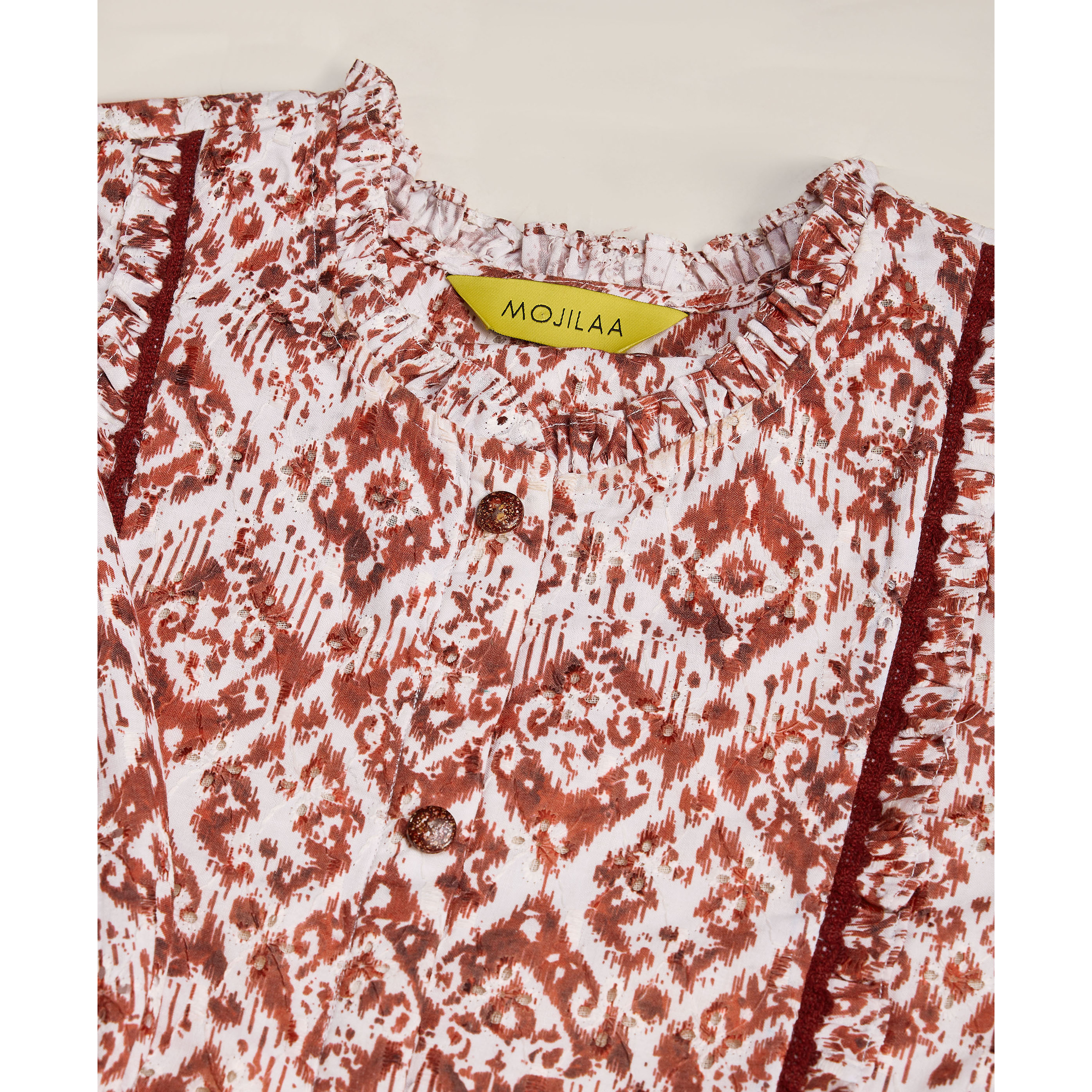 MOJILAA Women's Brown Pure Cotton Blend Ikat Bored Schiffli Embroidered A-line Top (Size S, Color Brown)