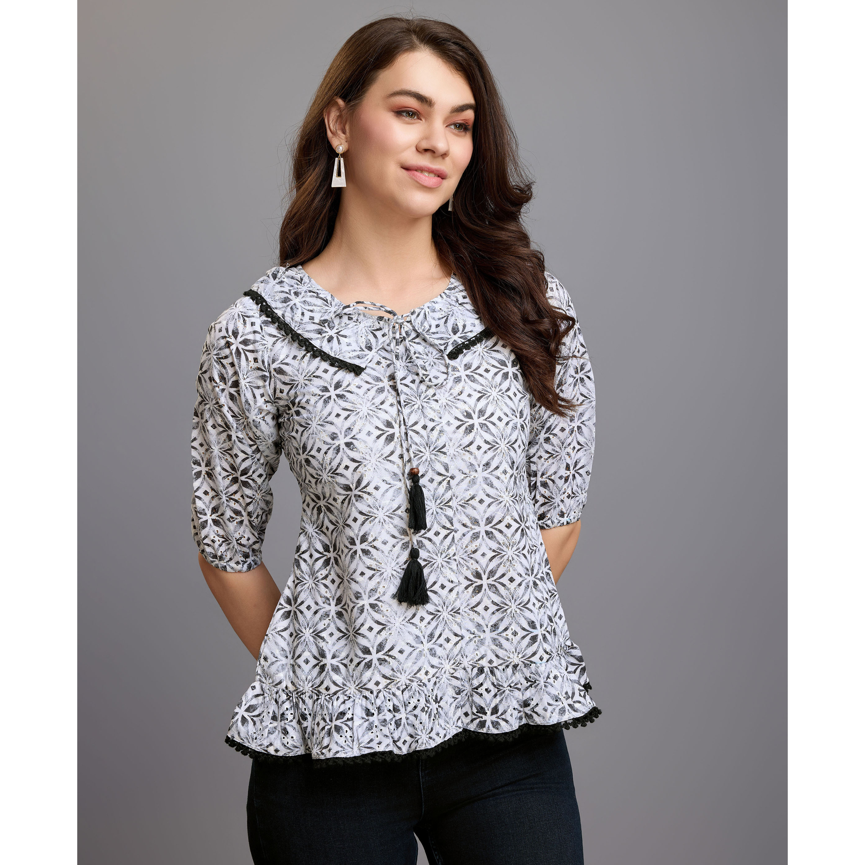 MOJILAA Women's Black Pure Cotton Blend Abstract Bored Schiffli Embroidered Drop Waist Top (Size S, Color Black)