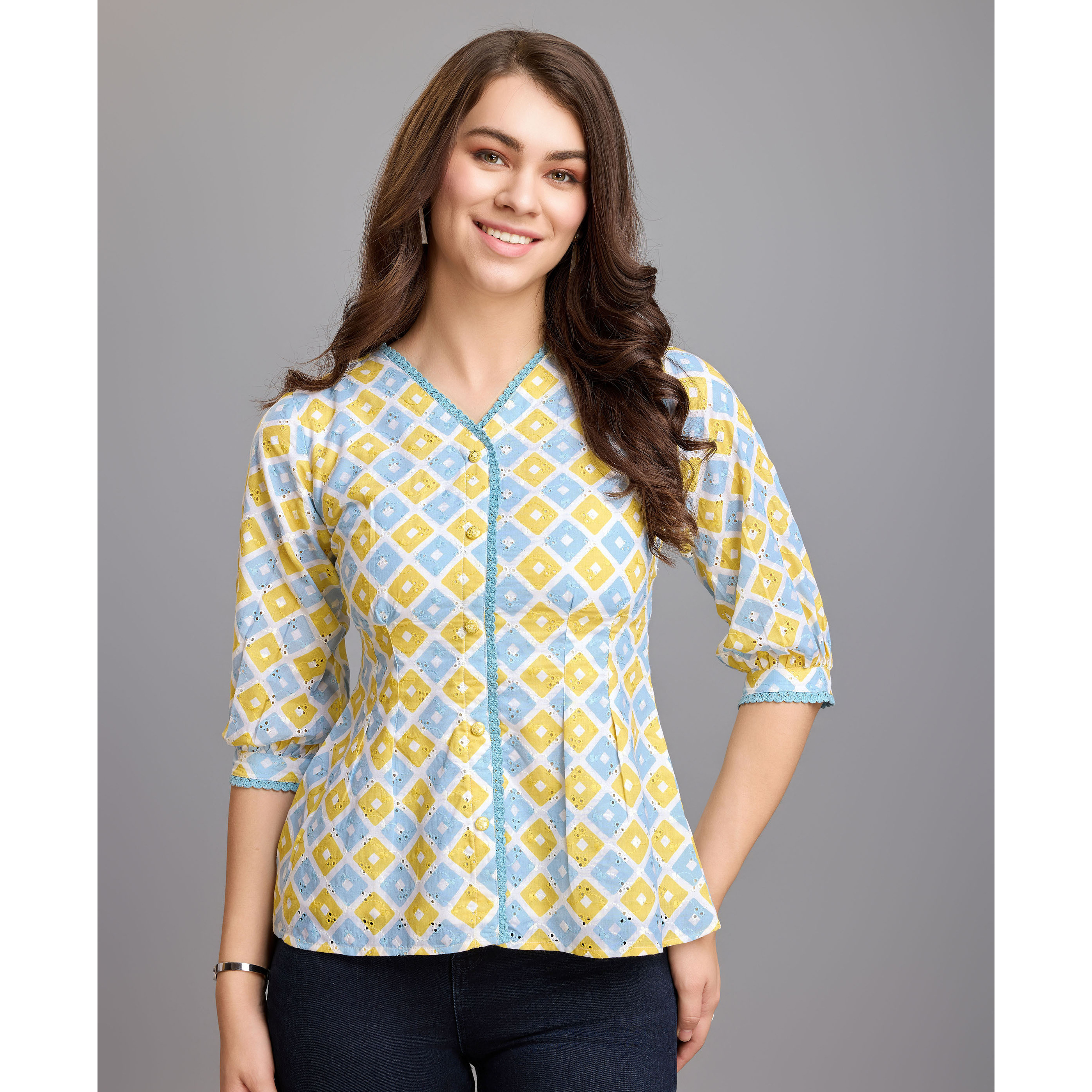 MOJILAA Women's Light blue Pure Cotton Blend Abstract Bored Schiffli Embroidered Shirt Style Top