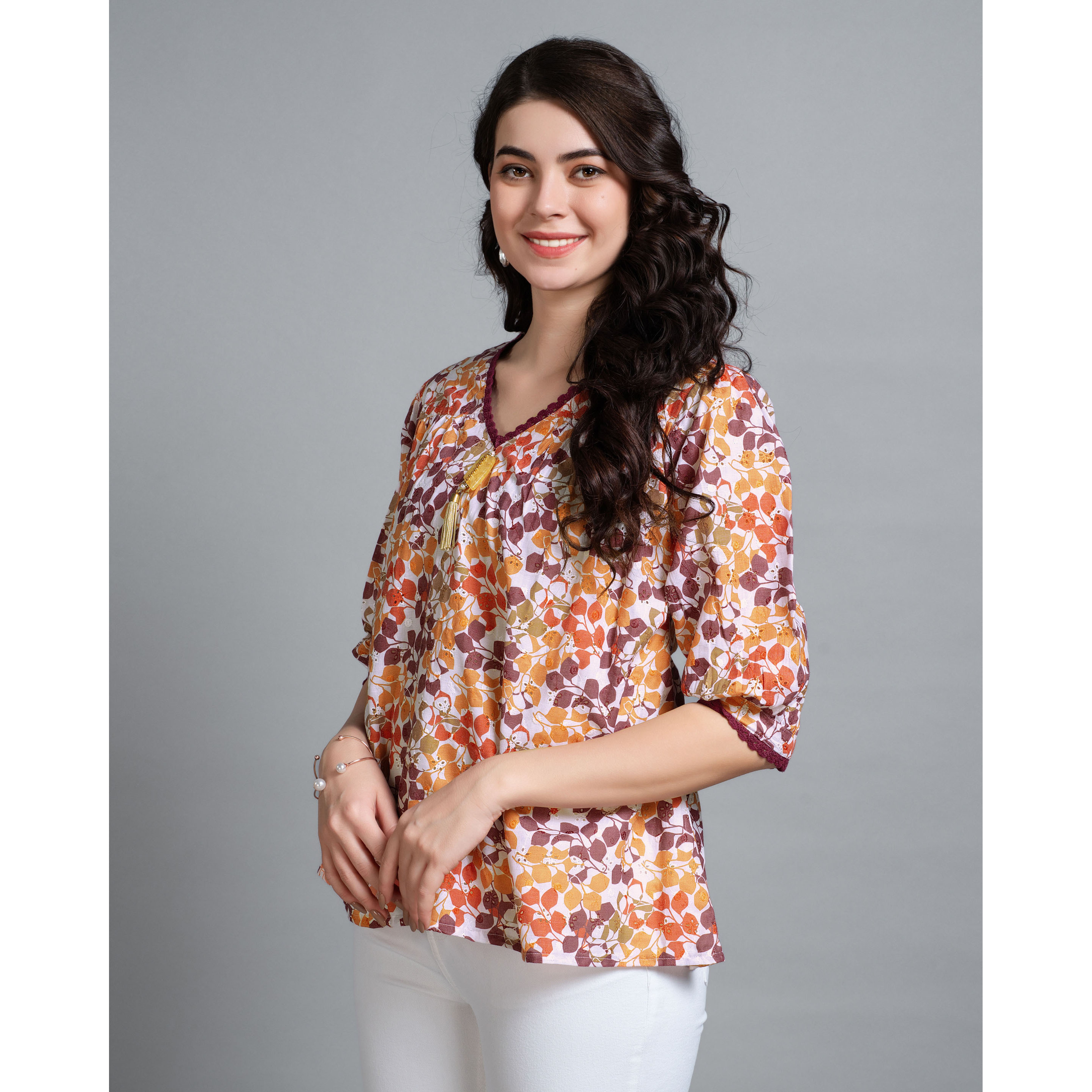 MOJILAA Women's Multicolor Pure Cotton Blend Abstract Bored Schiffli Embroidered A-line Top (Size S, Color Multicolor)