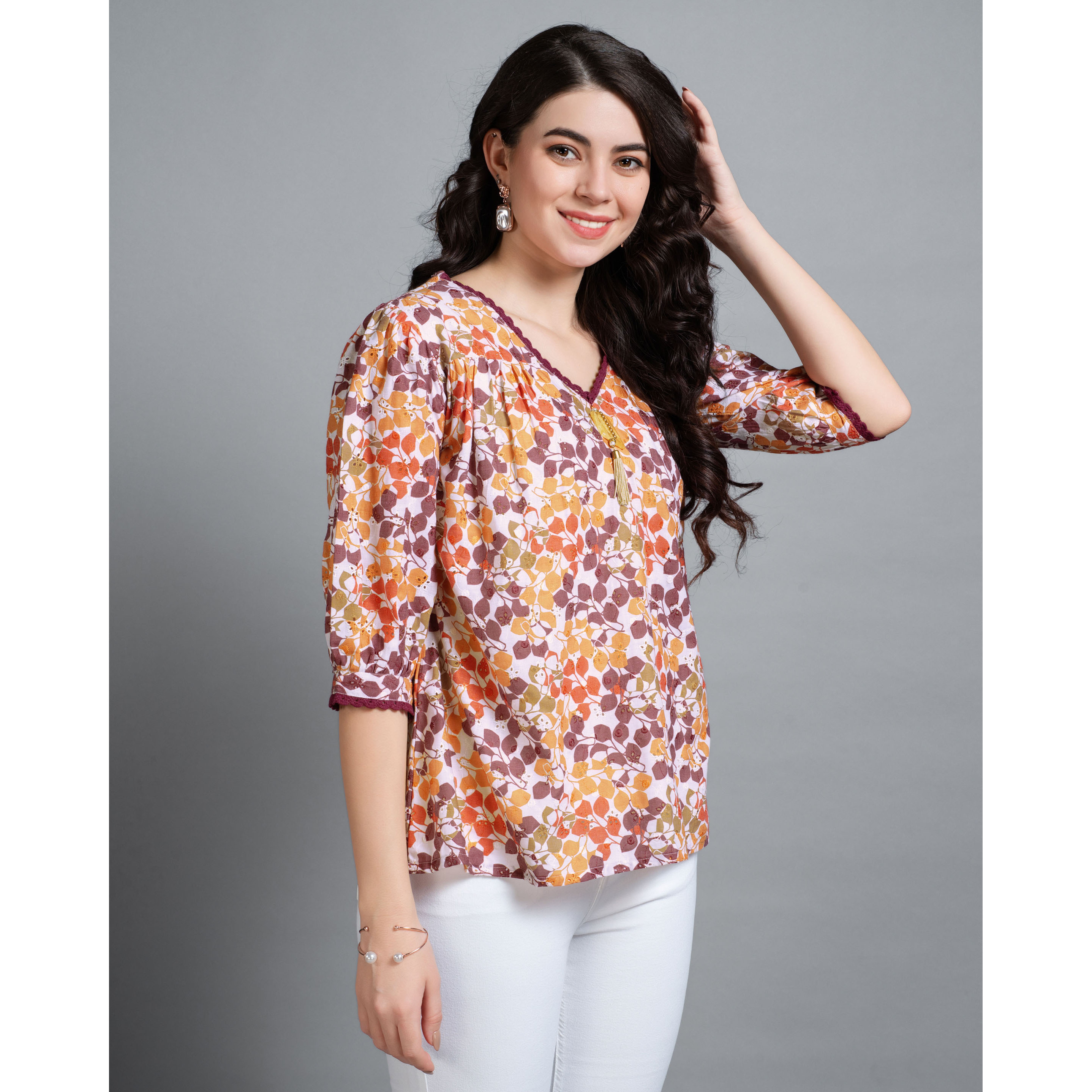MOJILAA Women's Multicolor Pure Cotton Blend Abstract Bored Schiffli Embroidered A-line Top (Size S, Color Multicolor)