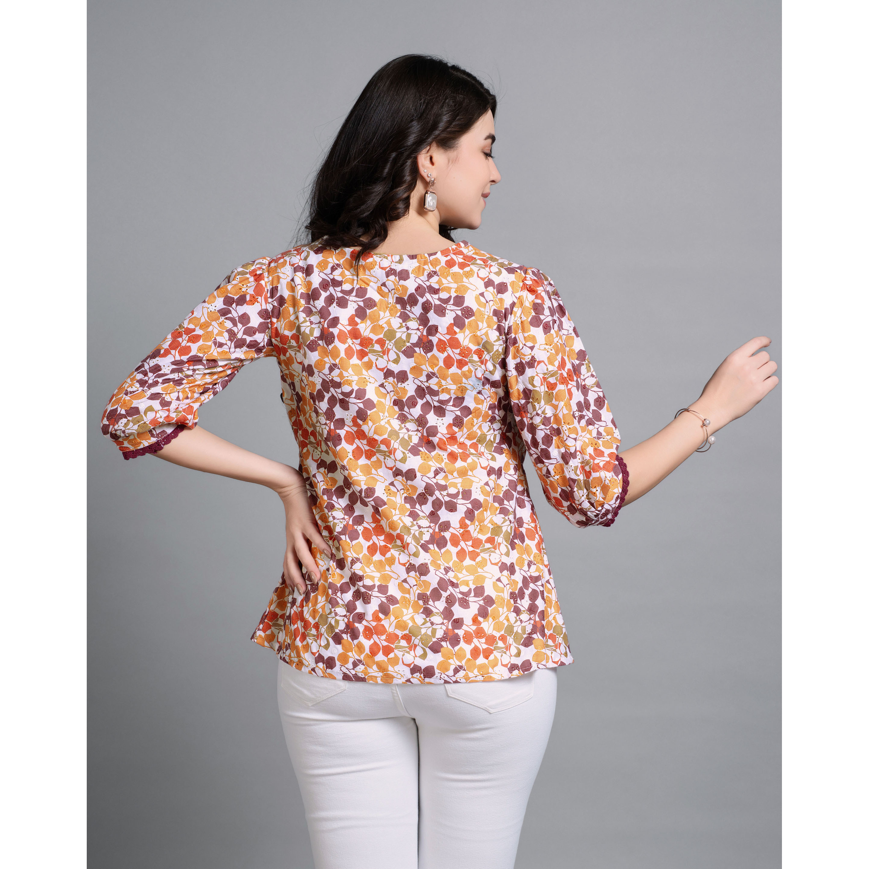 MOJILAA Women's Multicolor Pure Cotton Blend Abstract Bored Schiffli Embroidered A-line Top (Size S, Color Multicolor)