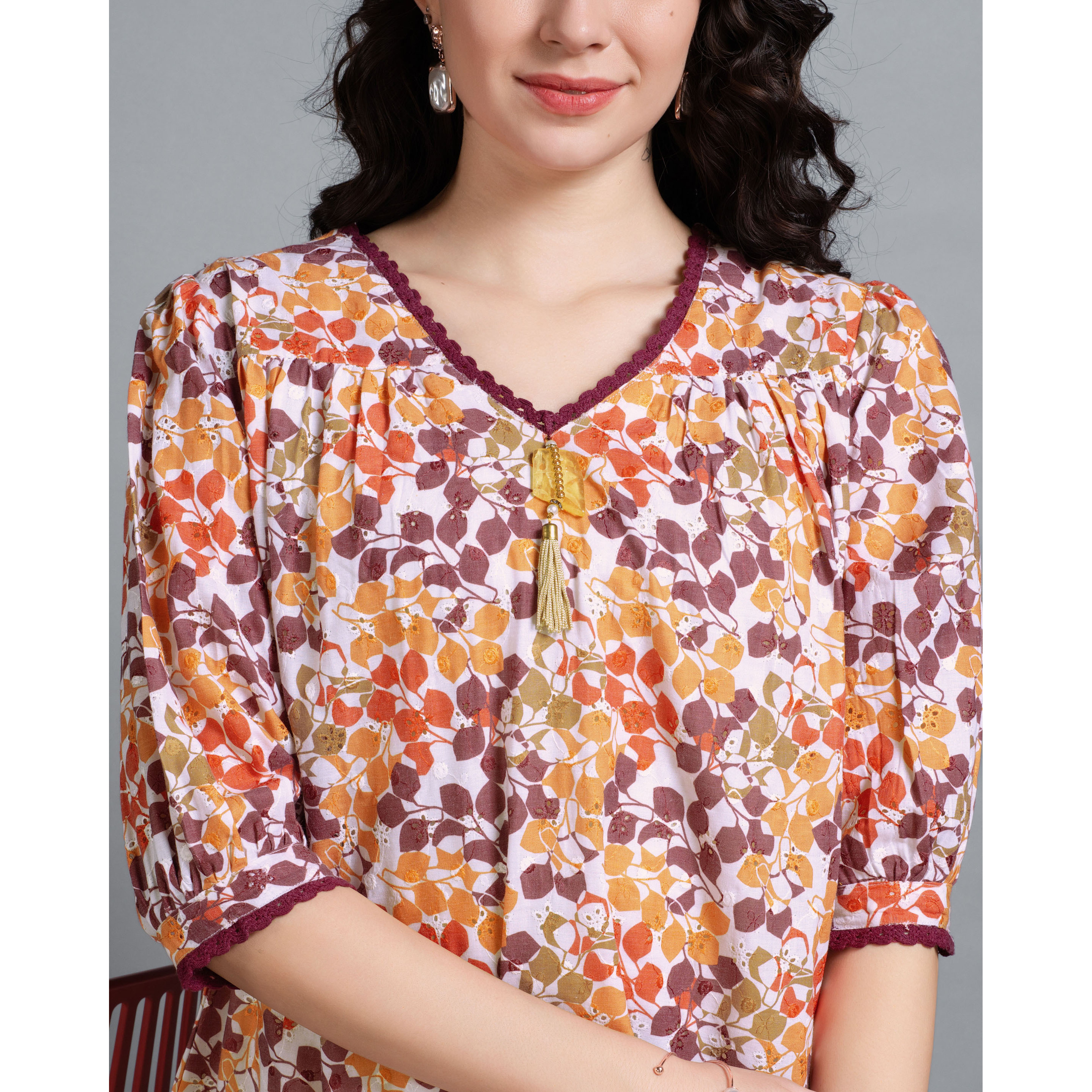 MOJILAA Women's Multicolor Pure Cotton Blend Abstract Bored Schiffli Embroidered A-line Top (Size S, Color Multicolor)