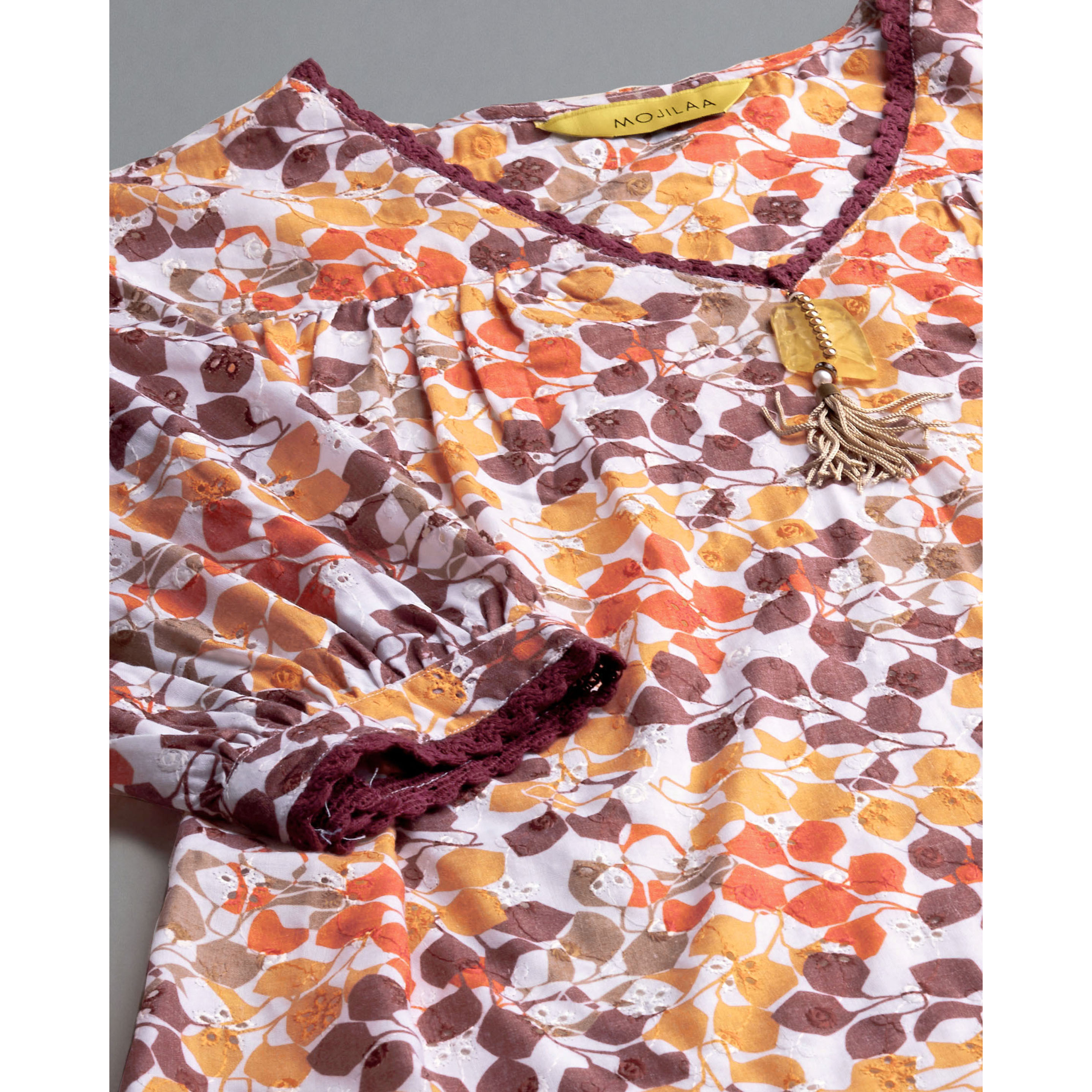 MOJILAA Women's Multicolor Pure Cotton Blend Abstract Bored Schiffli Embroidered A-line Top (Size S, Color Multicolor)