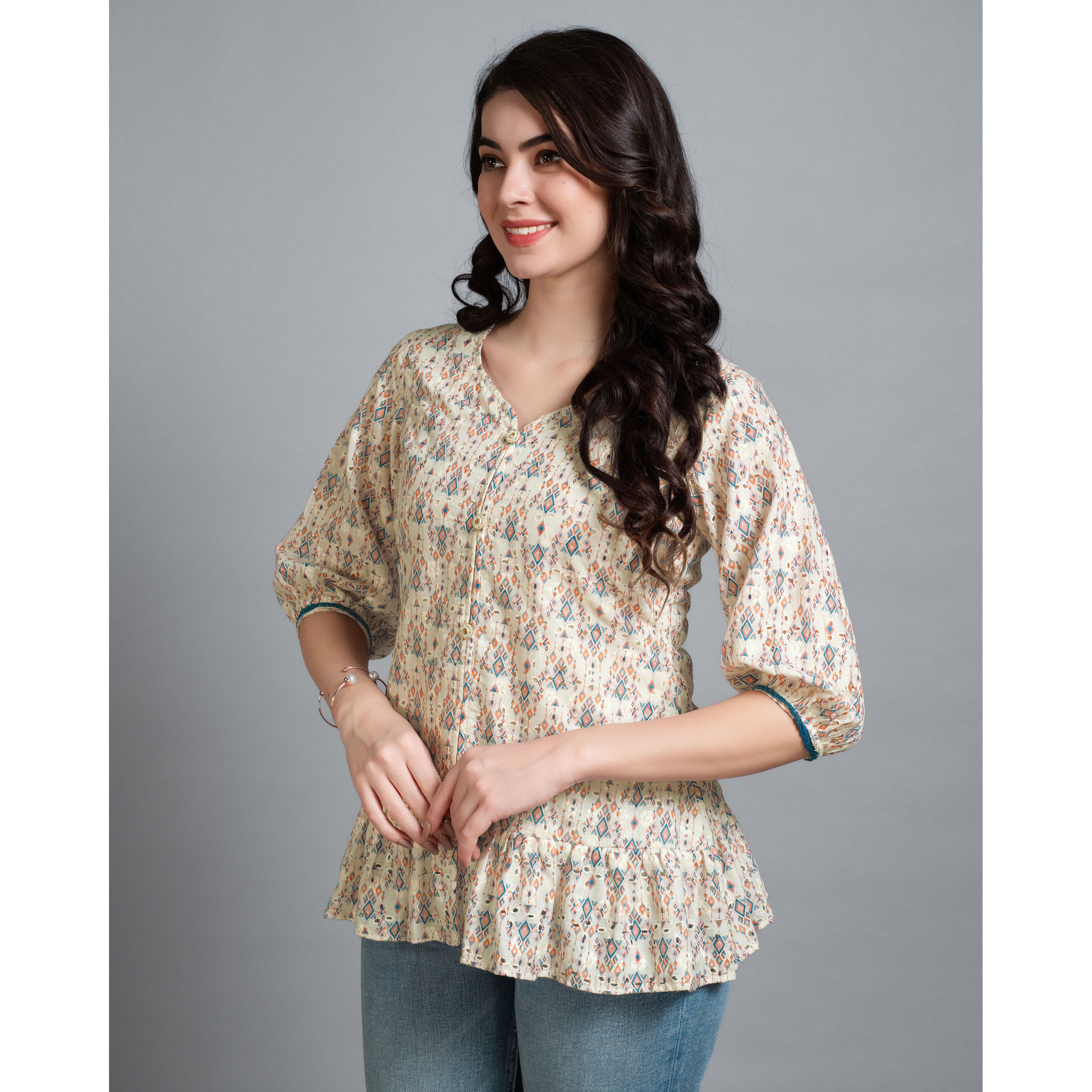 MOJILAA Women's Cream Pure Cotton Blend Geometric Bored Schiffli Embroidered Shirt Style Top (Size S, Color Cream)