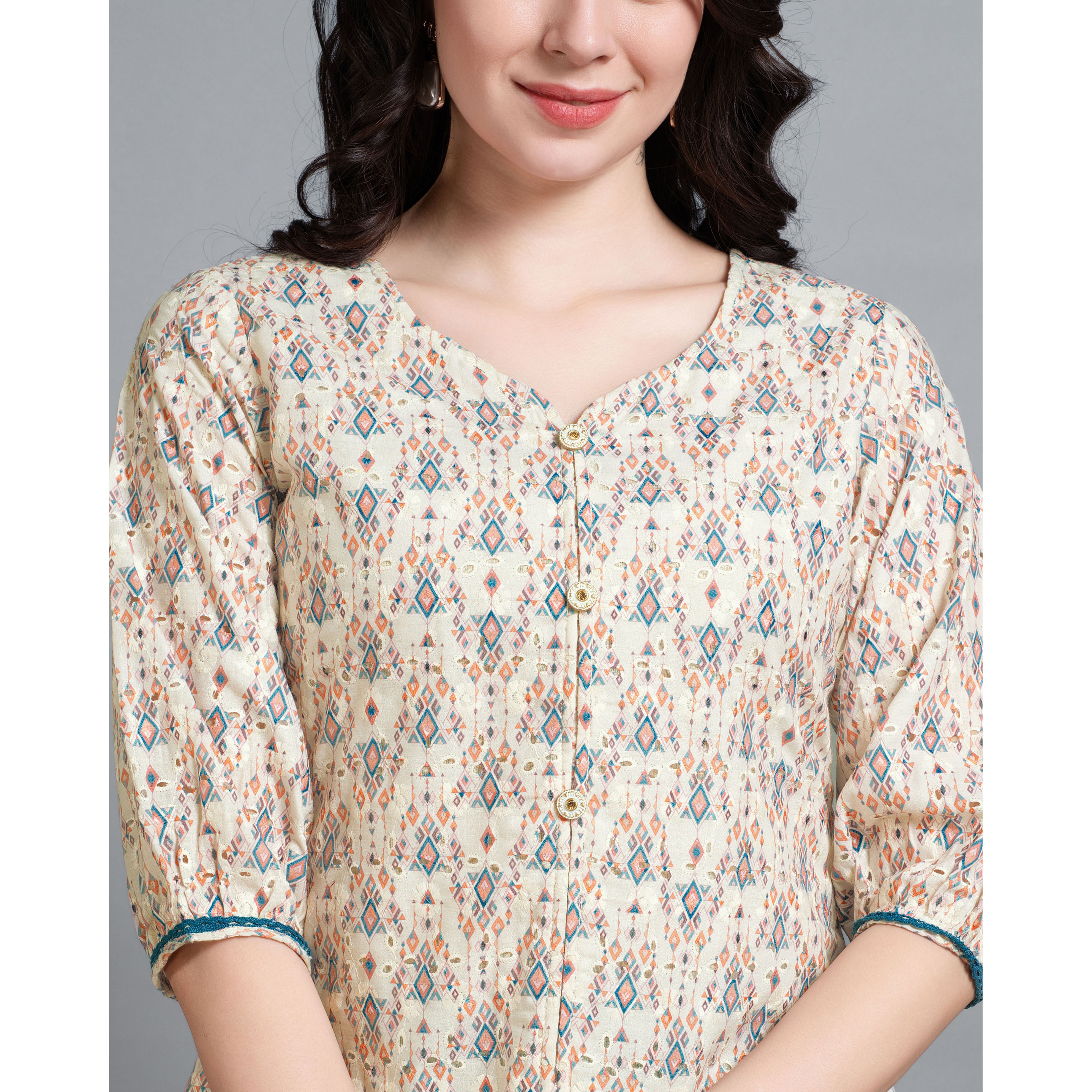 MOJILAA Women's Cream Pure Cotton Blend Geometric Bored Schiffli Embroidered Shirt Style Top (Size S, Color Cream)