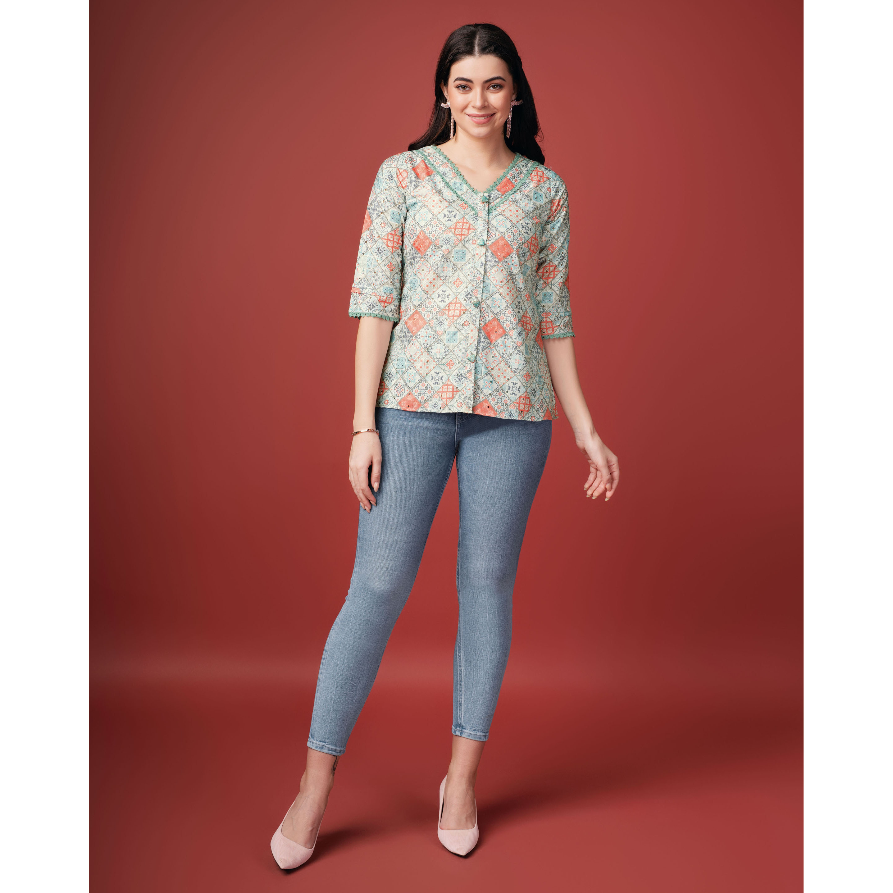 MOJILAA Women's Sea Green Pure Cotton Blend Geometric Bored Schiffli Embroidered Shirt Style Top