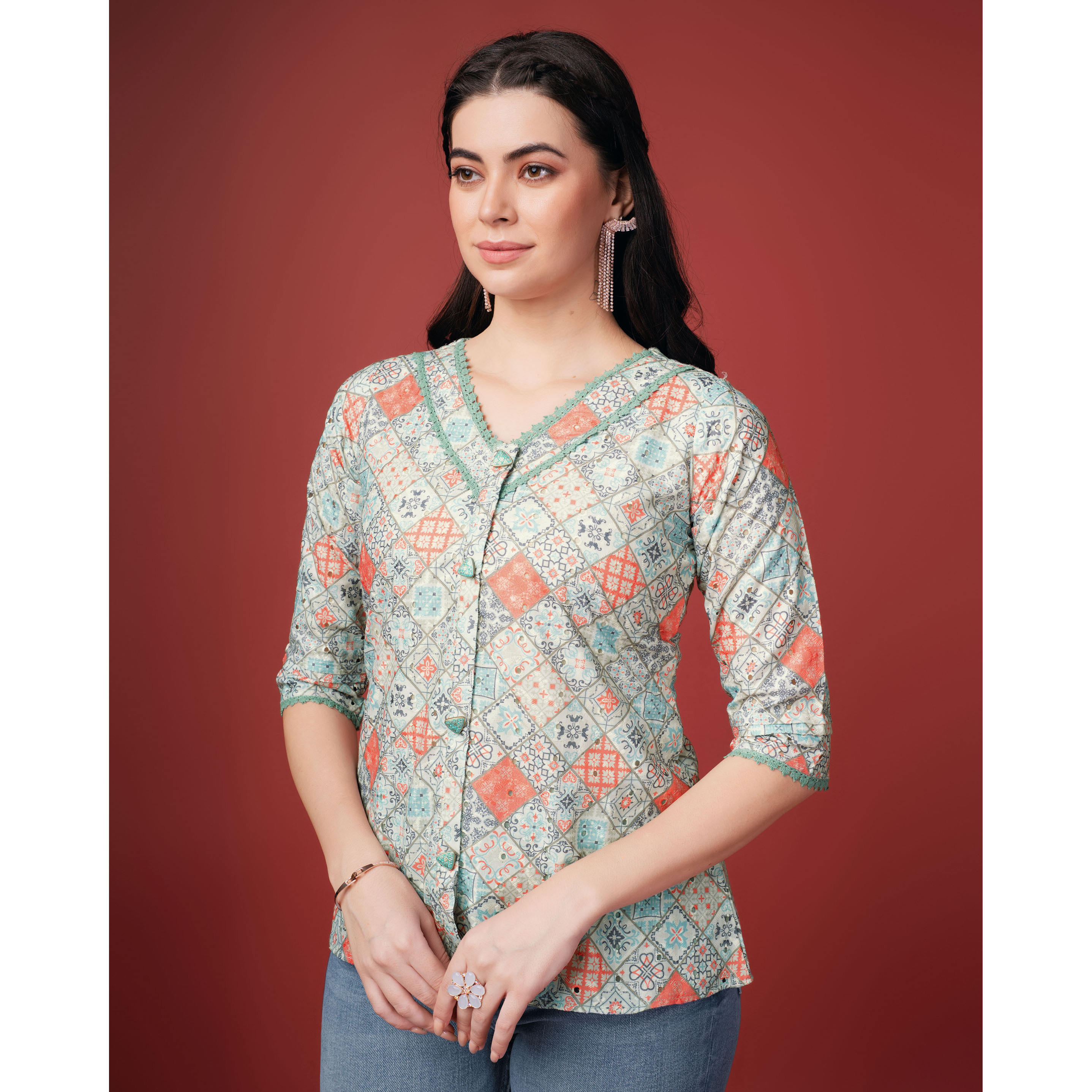 MOJILAA Women's Sea Green Pure Cotton Blend Geometric Bored Schiffli Embroidered Shirt Style Top (Size S, Color Sea Green)