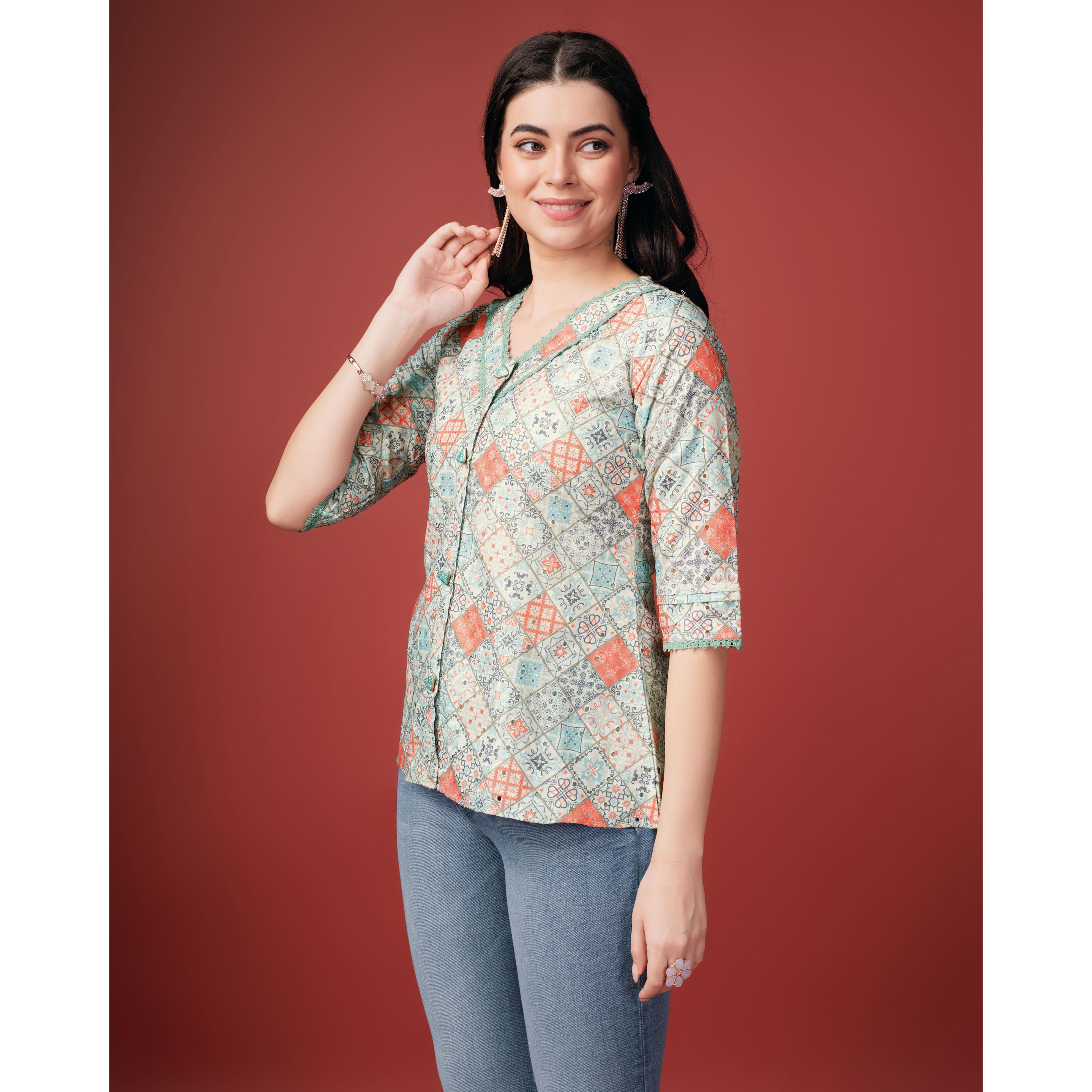 MOJILAA Women's Sea Green Pure Cotton Blend Geometric Bored Schiffli Embroidered Shirt Style Top (Size S, Color Sea Green)