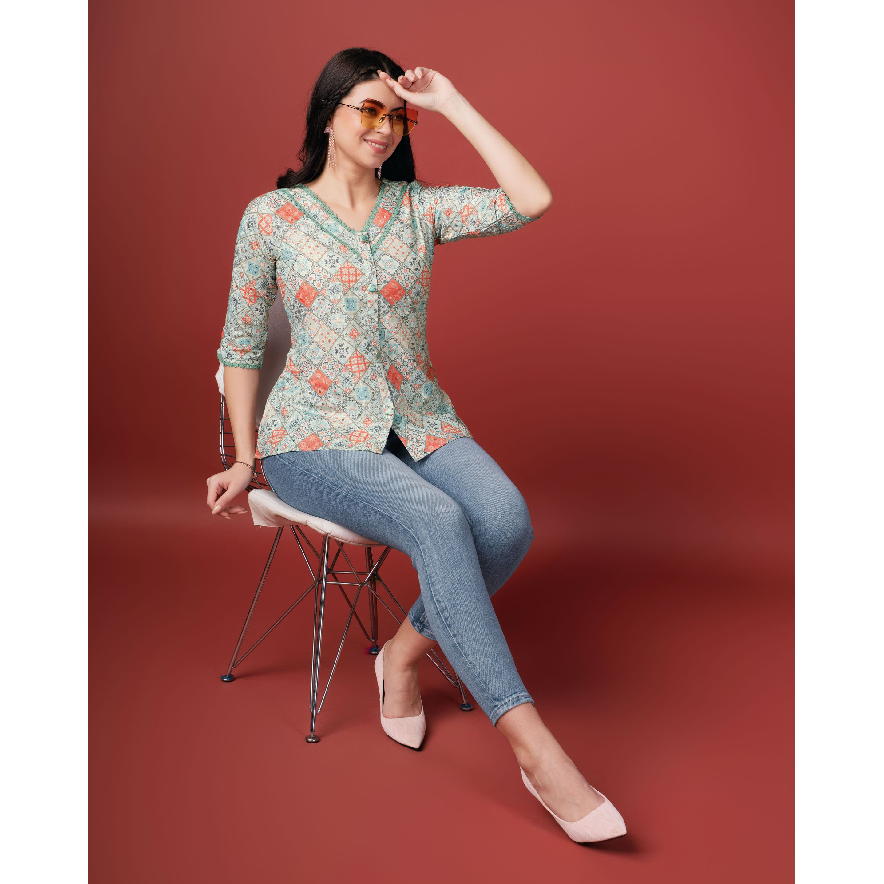 MOJILAA Women's Sea Green Pure Cotton Blend Geometric Bored Schiffli Embroidered Shirt Style Top (Size S, Color Sea Green)
