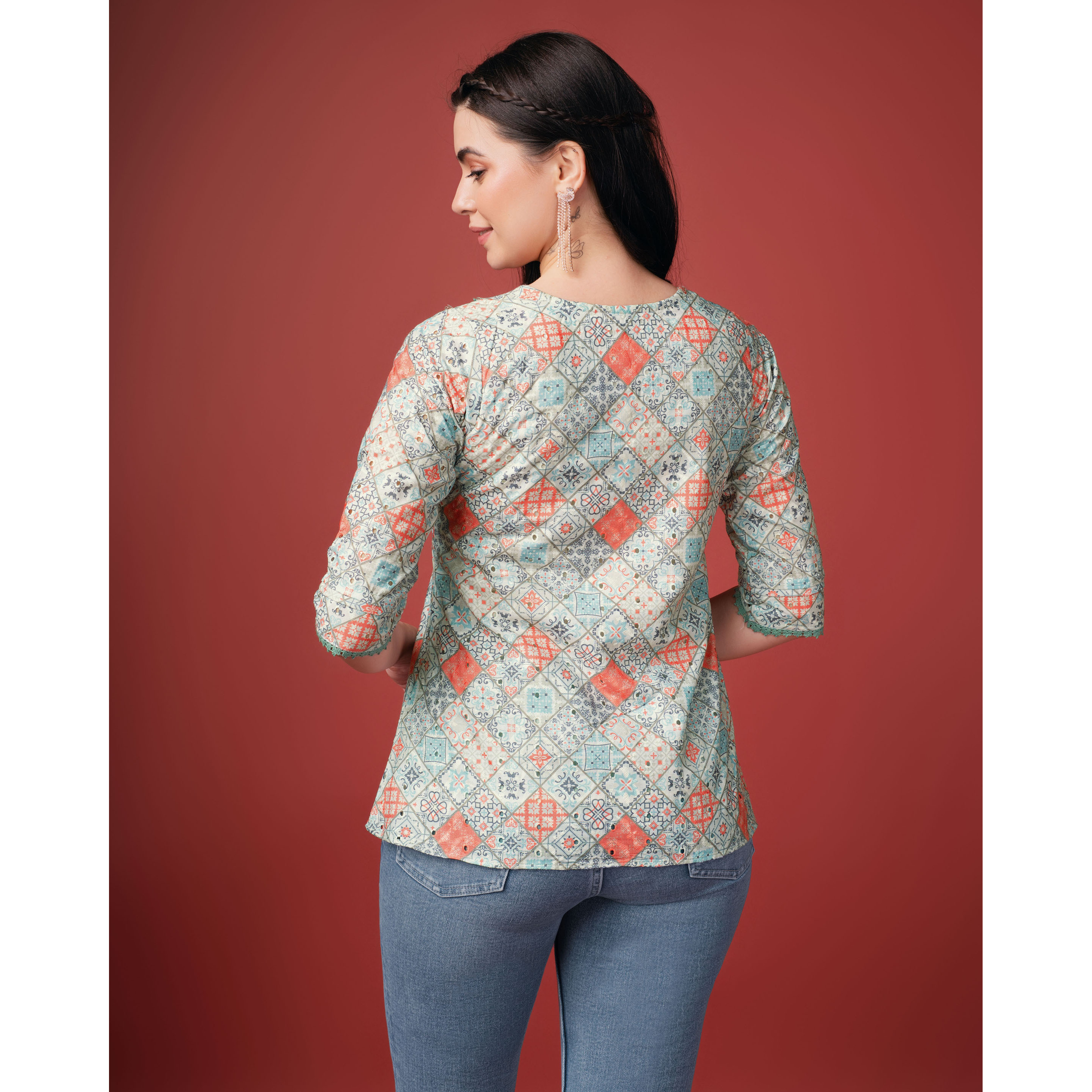 MOJILAA Women's Sea Green Pure Cotton Blend Geometric Bored Schiffli Embroidered Shirt Style Top (Size S, Color Sea Green)