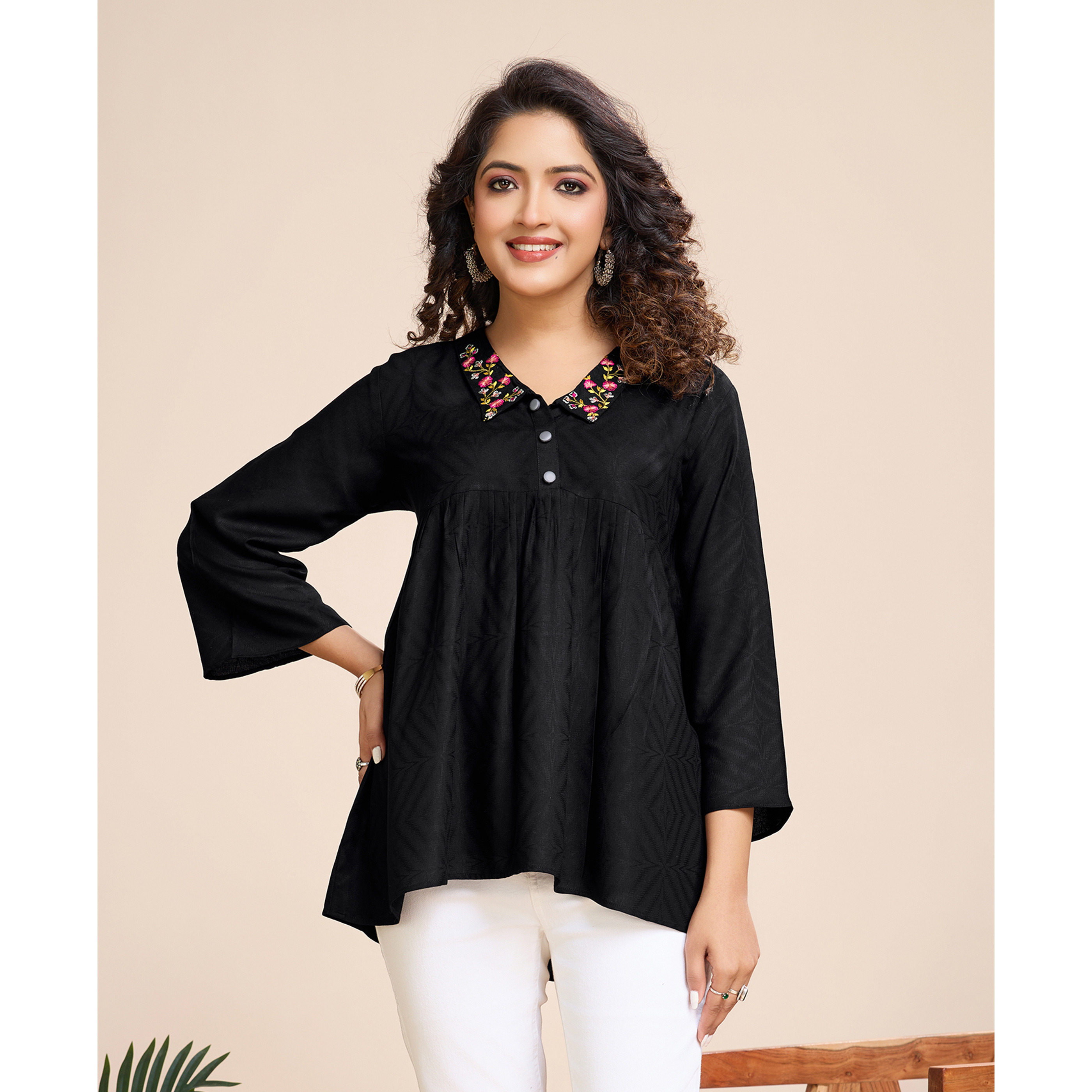 MOJILAA Women's Black Pure Viscose Floral Embroidered Shirt Style Top
