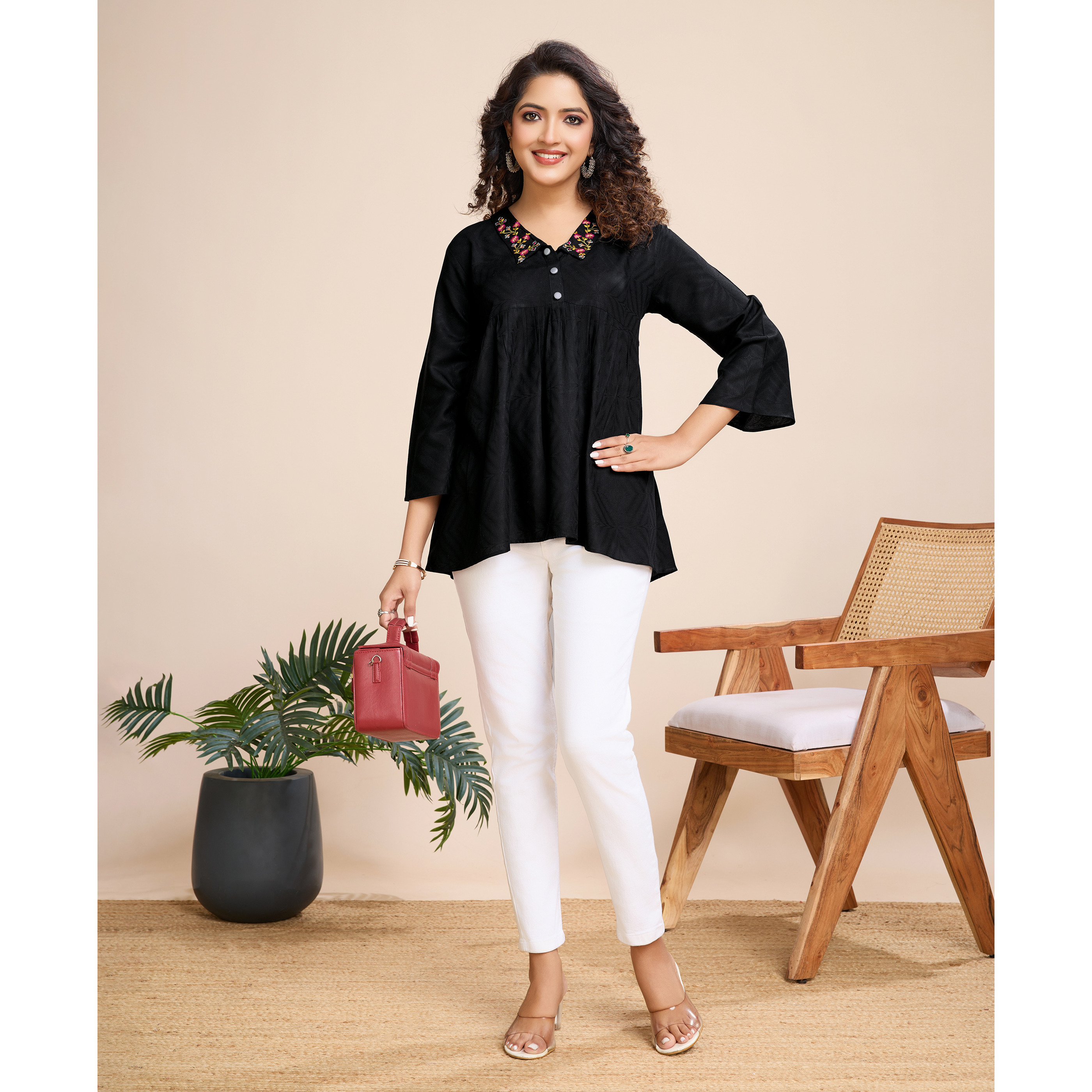 MOJILAA Women's Black Pure Viscose Floral Embroidered Shirt Style Top (Size S, Color Black)