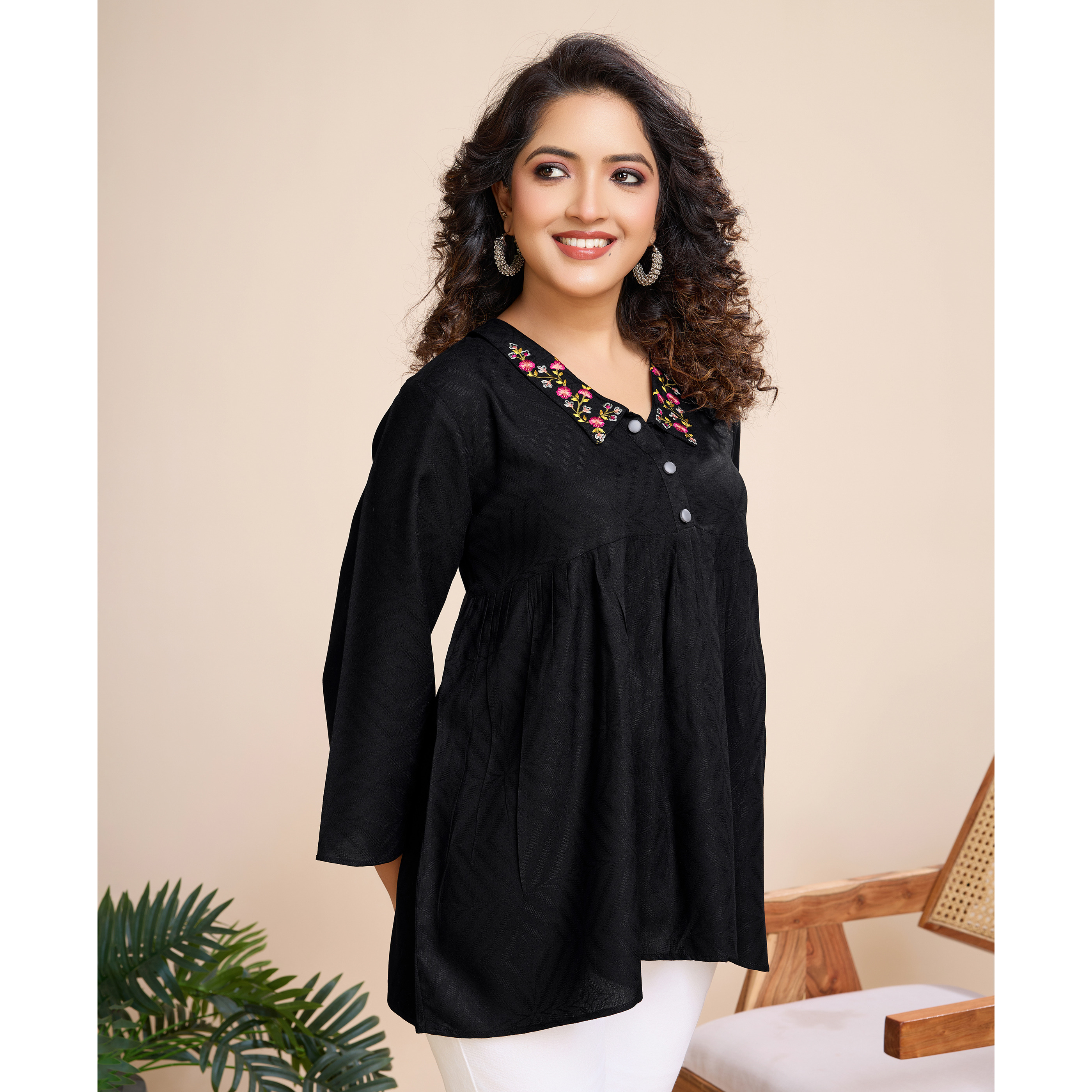 MOJILAA Women's Black Pure Viscose Floral Embroidered Shirt Style Top (Size S, Color Black)