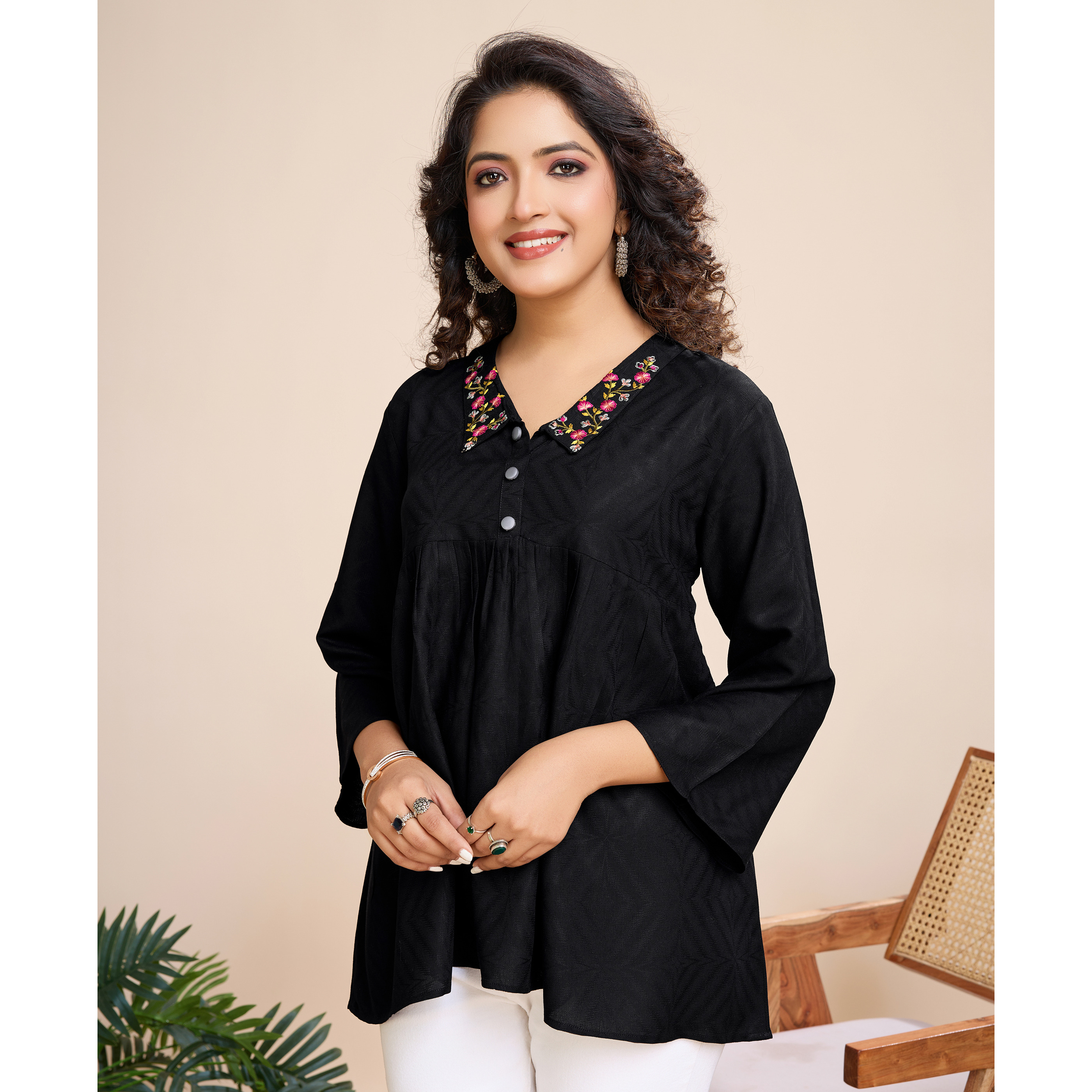 MOJILAA Women's Black Pure Viscose Floral Embroidered Shirt Style Top (Size S, Color Black)
