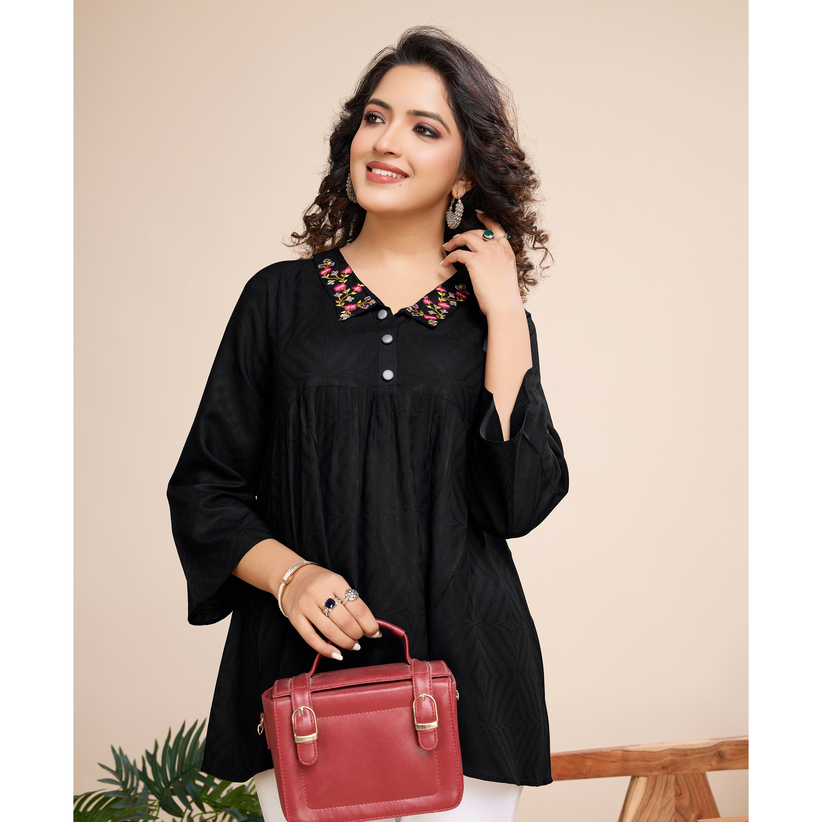 MOJILAA Women's Black Pure Viscose Floral Embroidered Shirt Style Top (Size S, Color Black)