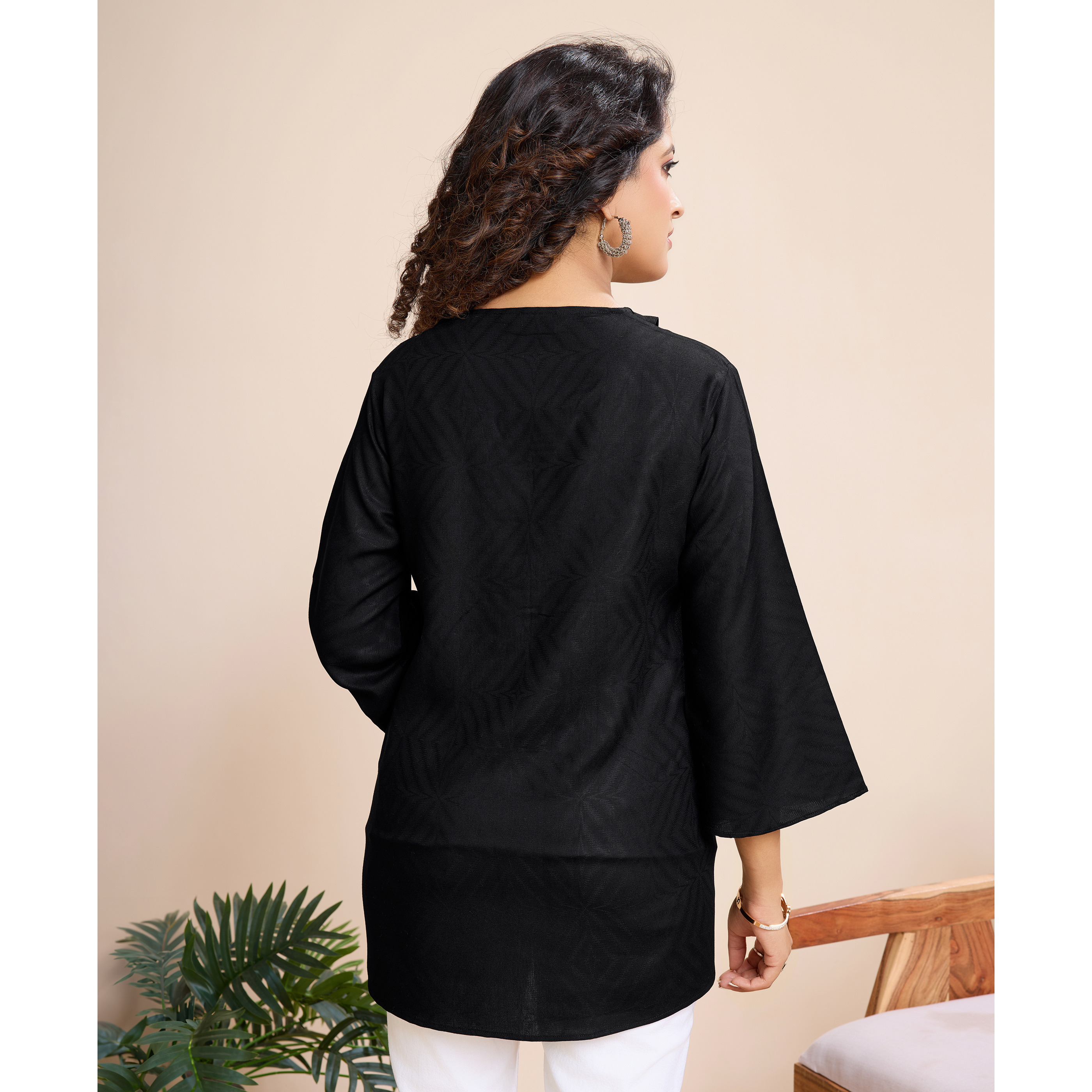 MOJILAA Women's Black Pure Viscose Floral Embroidered Shirt Style Top (Size S, Color Black)