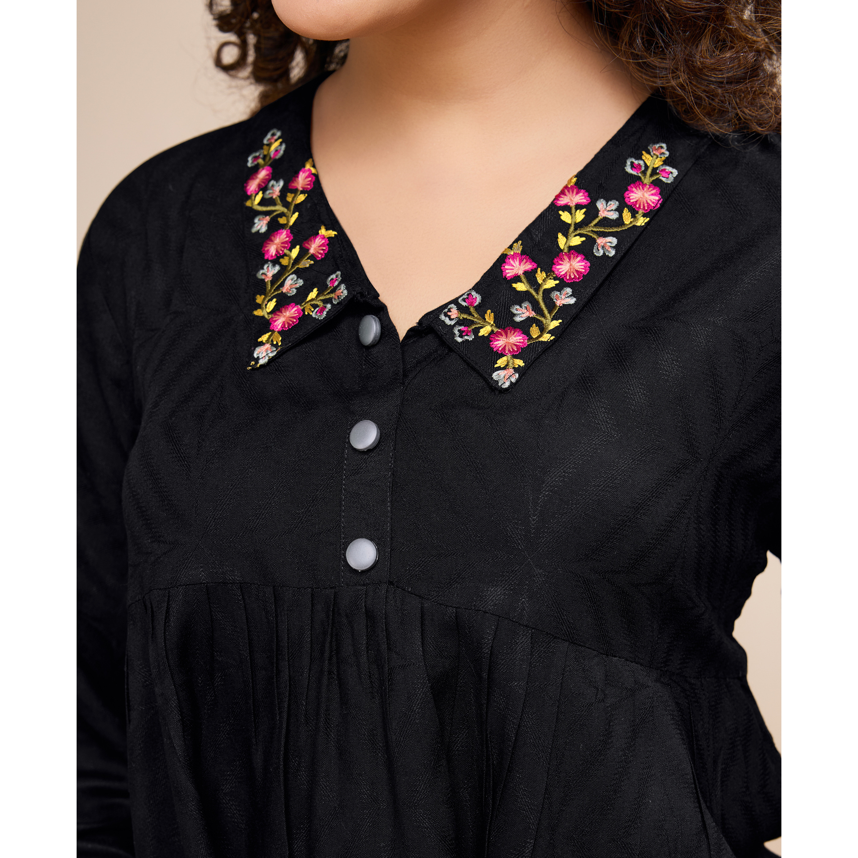 MOJILAA Women's Black Pure Viscose Floral Embroidered Shirt Style Top (Size S, Color Black)