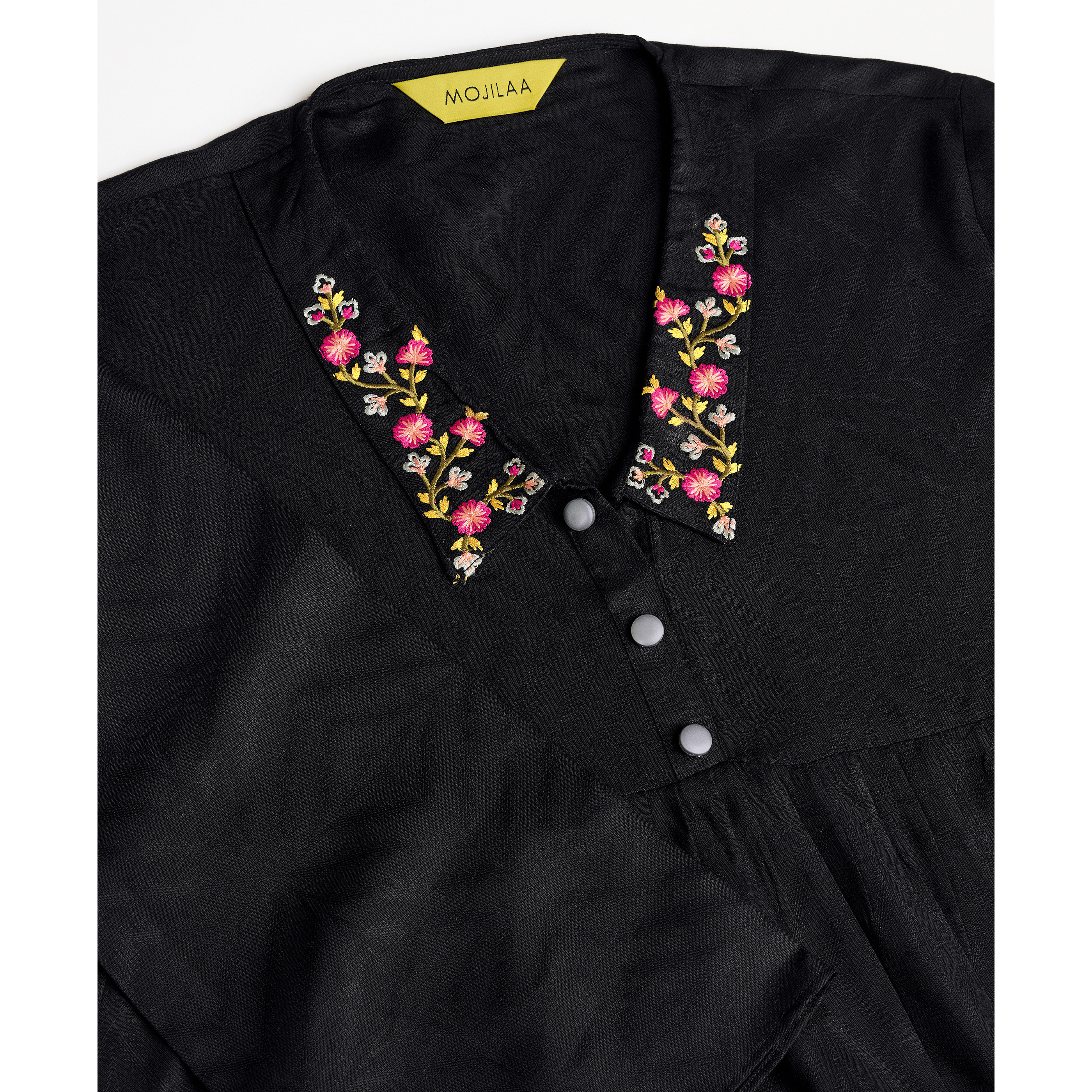 MOJILAA Women's Black Pure Viscose Floral Embroidered Shirt Style Top (Size S, Color Black)