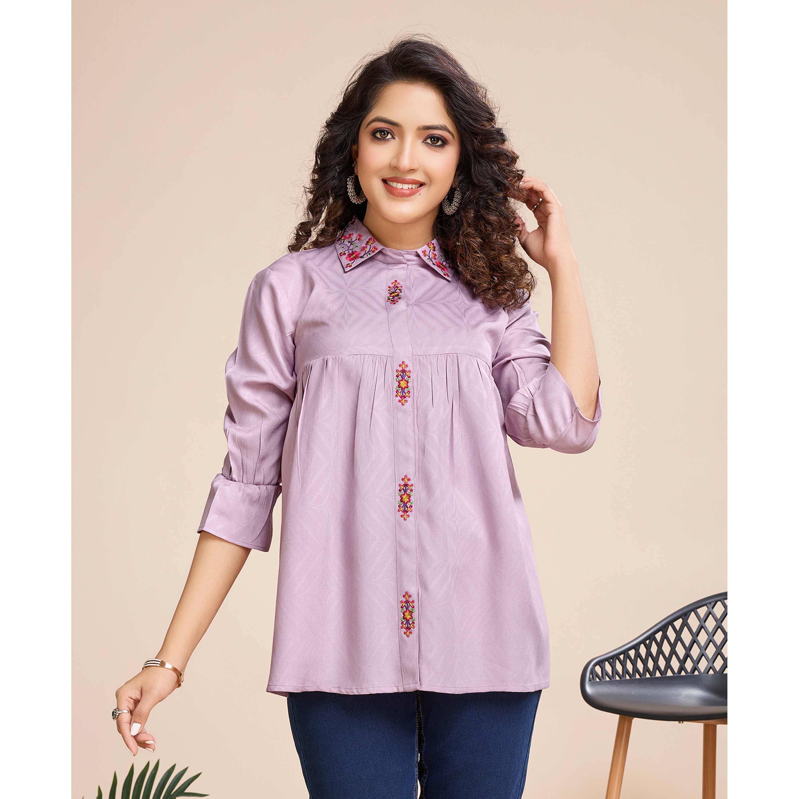 MOJILAA Women's Mauve Pure Viscose Floral Embroidered Shirt Style Top
