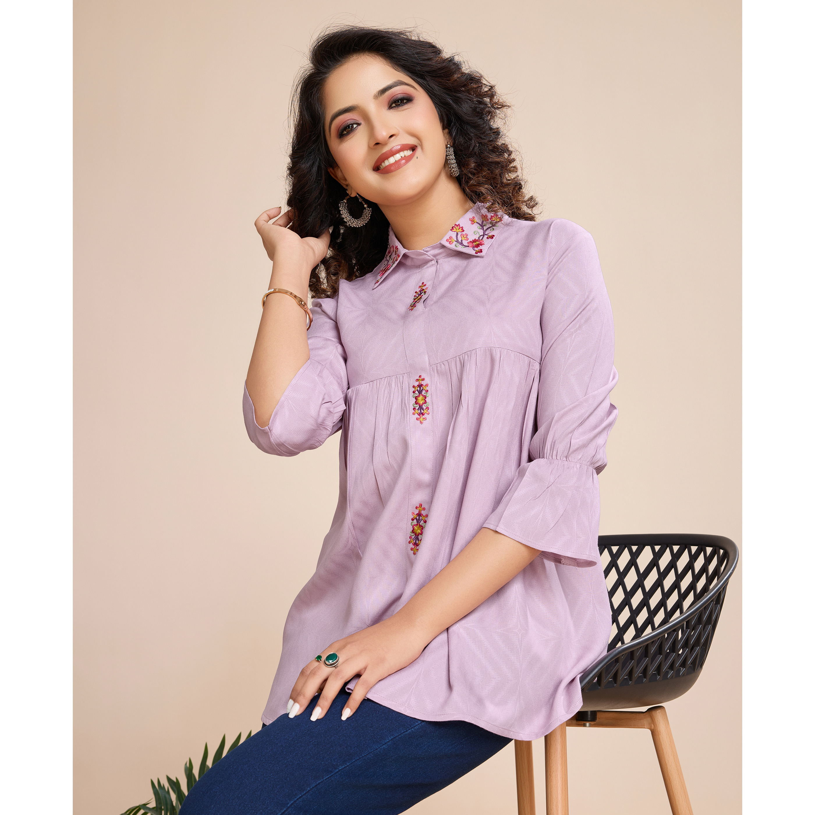 MOJILAA Women's Mauve Pure Viscose Floral Embroidered Shirt Style Top (Size S, Color Mauve)
