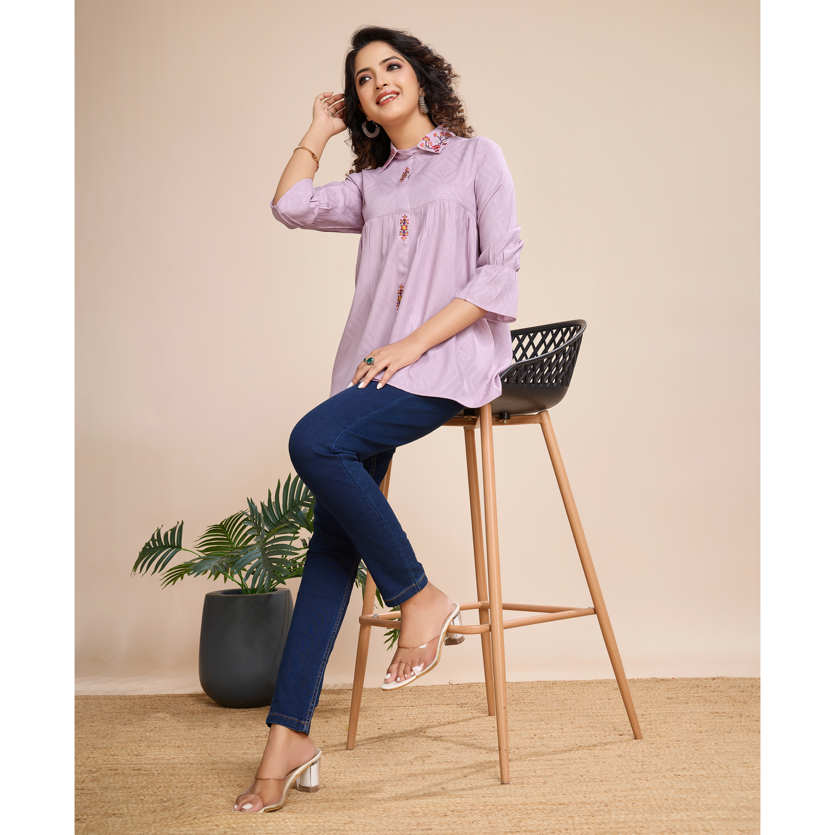 MOJILAA Women's Mauve Pure Viscose Floral Embroidered Shirt Style Top (Size S, Color Mauve)