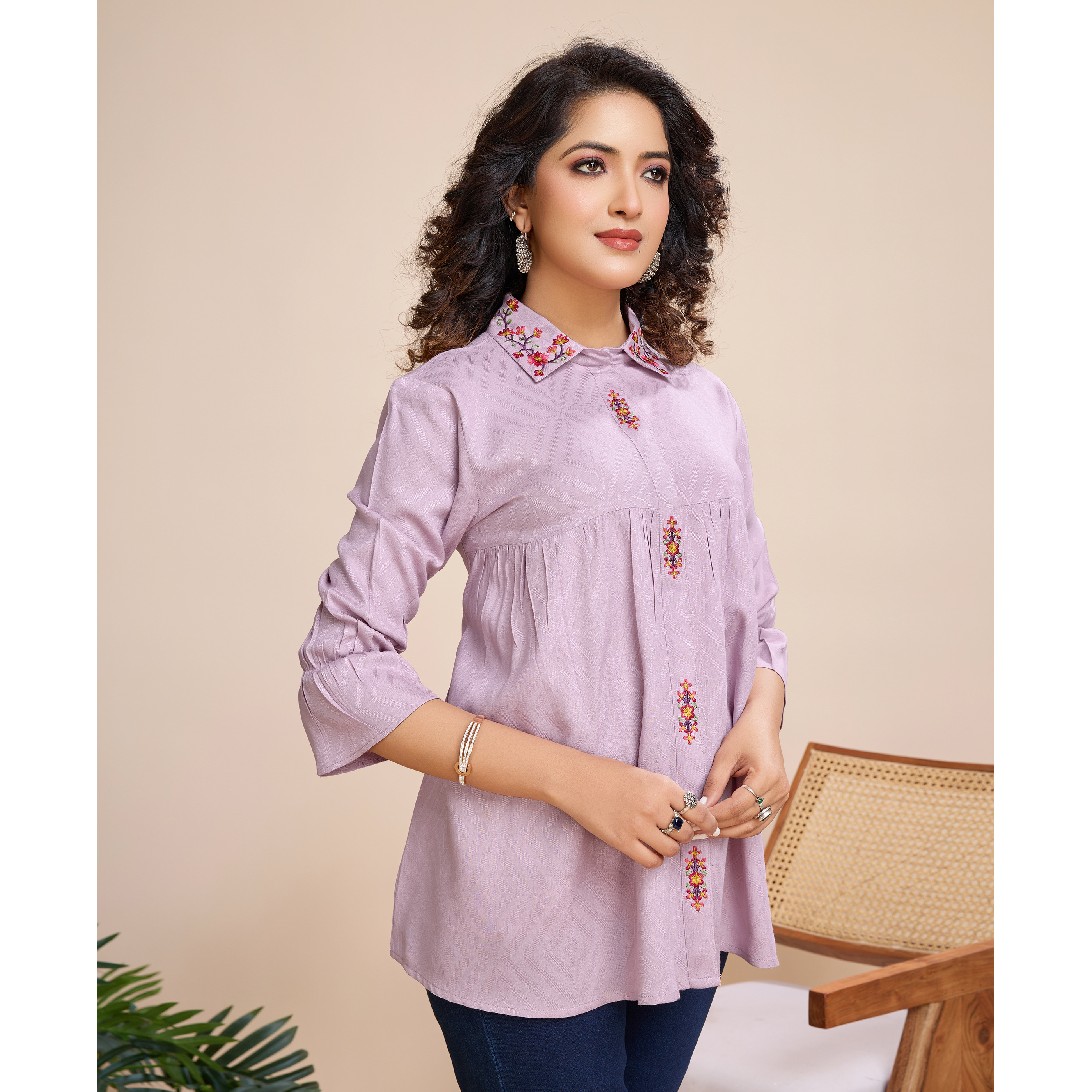 MOJILAA Women's Mauve Pure Viscose Floral Embroidered Shirt Style Top (Size S, Color Mauve)