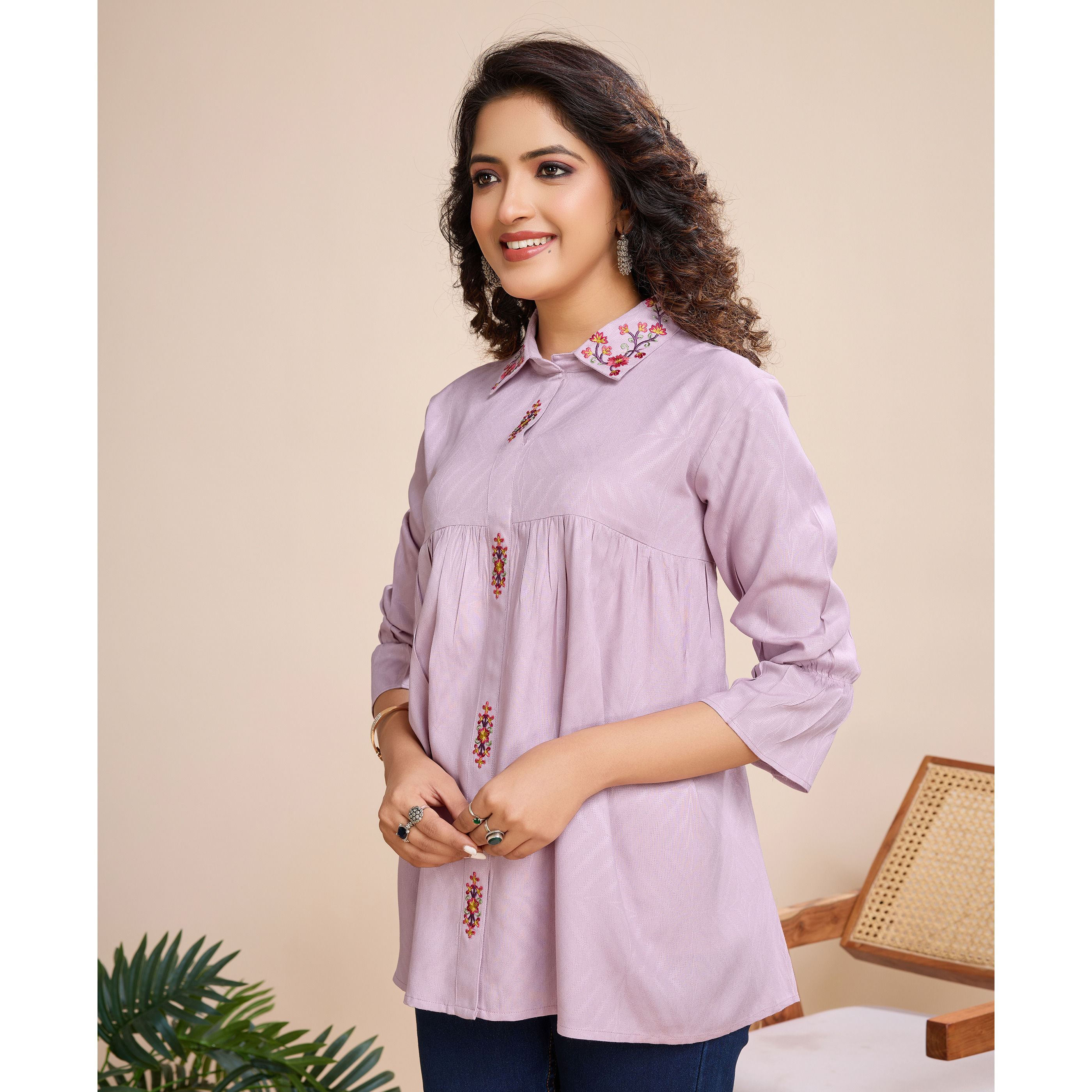 MOJILAA Women's Mauve Pure Viscose Floral Embroidered Shirt Style Top (Size S, Color Mauve)
