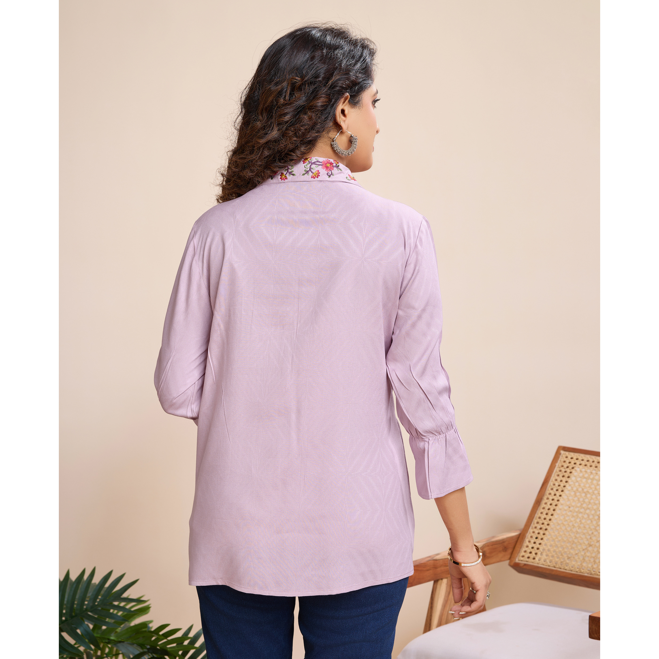 MOJILAA Women's Mauve Pure Viscose Floral Embroidered Shirt Style Top (Size S, Color Mauve)
