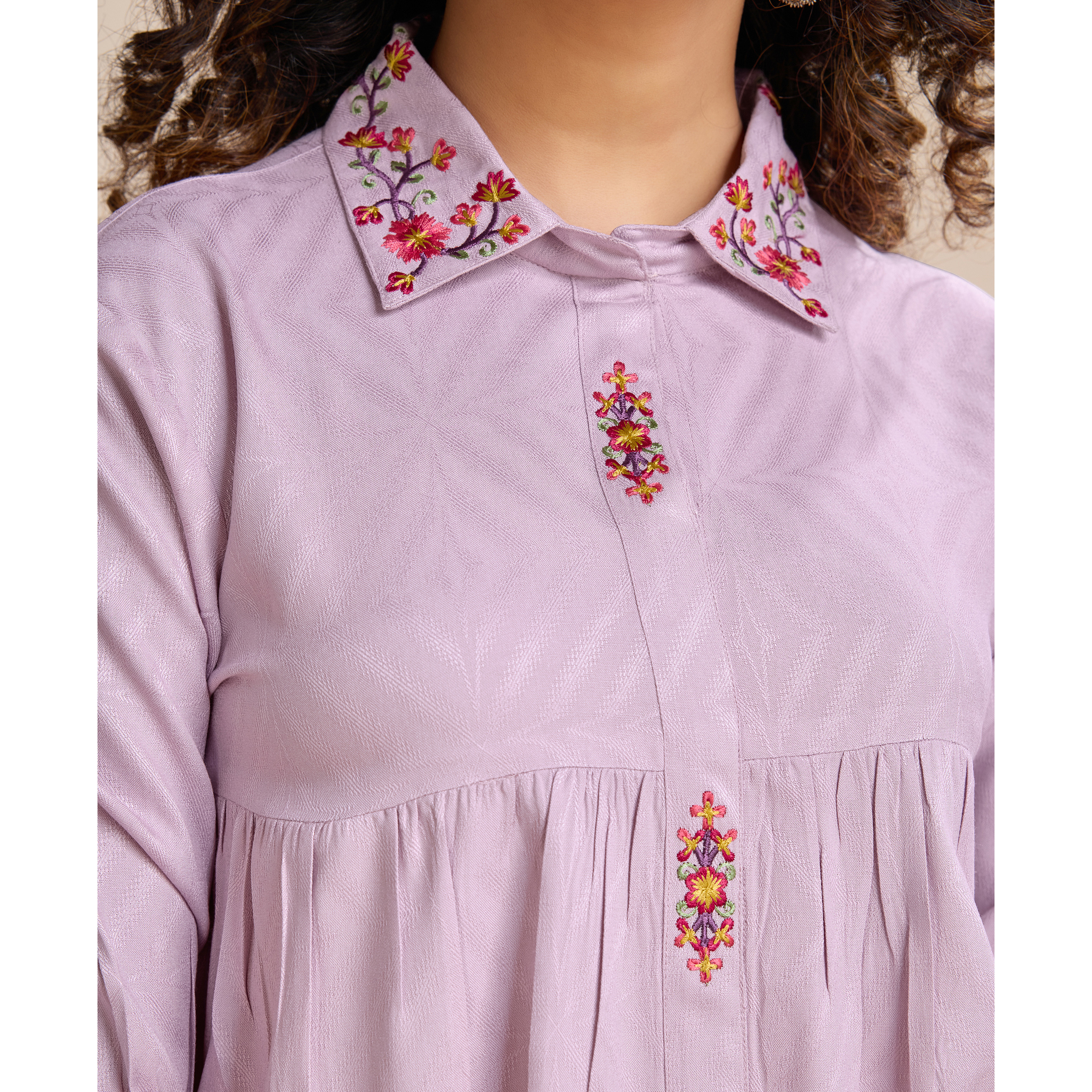 MOJILAA Women's Mauve Pure Viscose Floral Embroidered Shirt Style Top (Size S, Color Mauve)