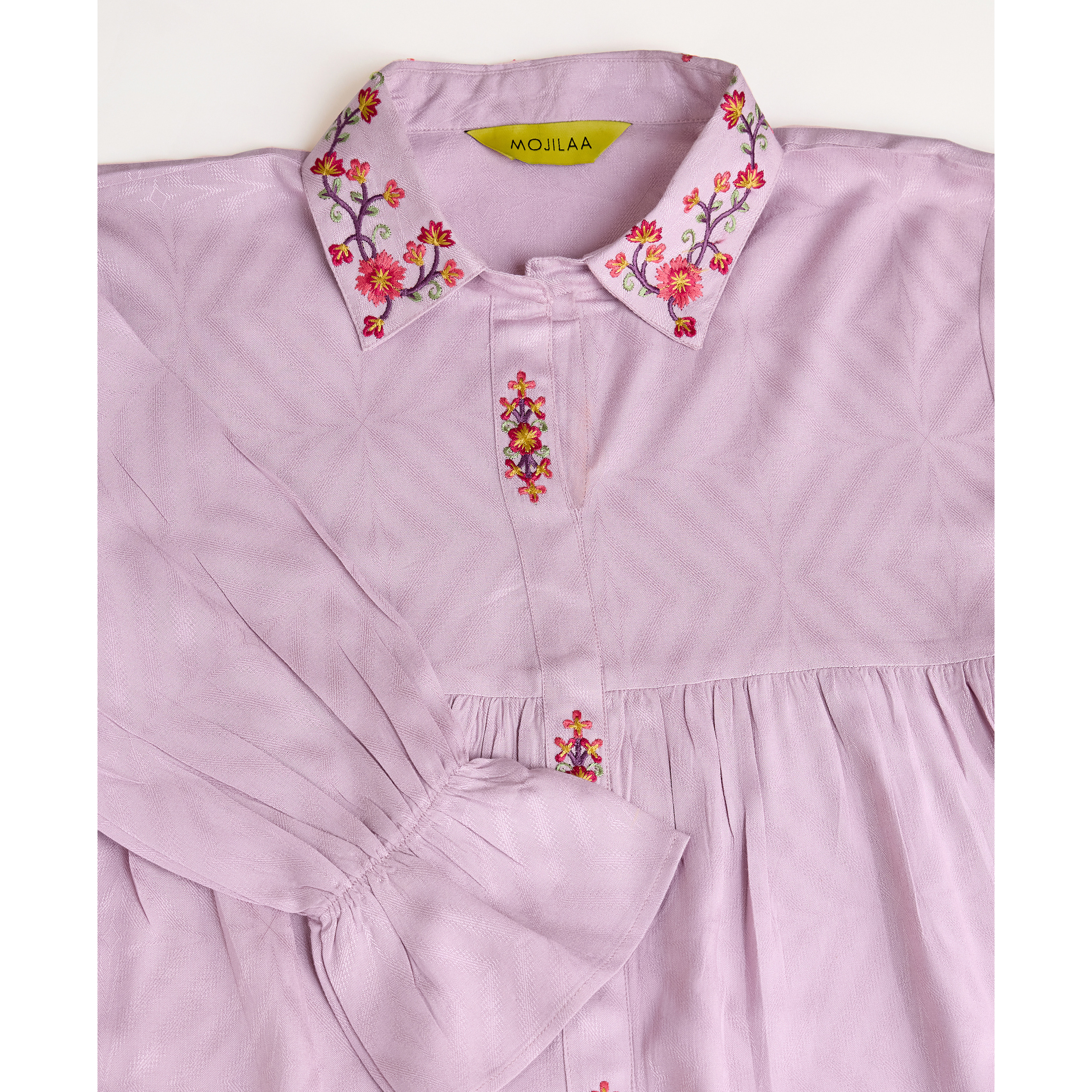 MOJILAA Women's Mauve Pure Viscose Floral Embroidered Shirt Style Top (Size S, Color Mauve)