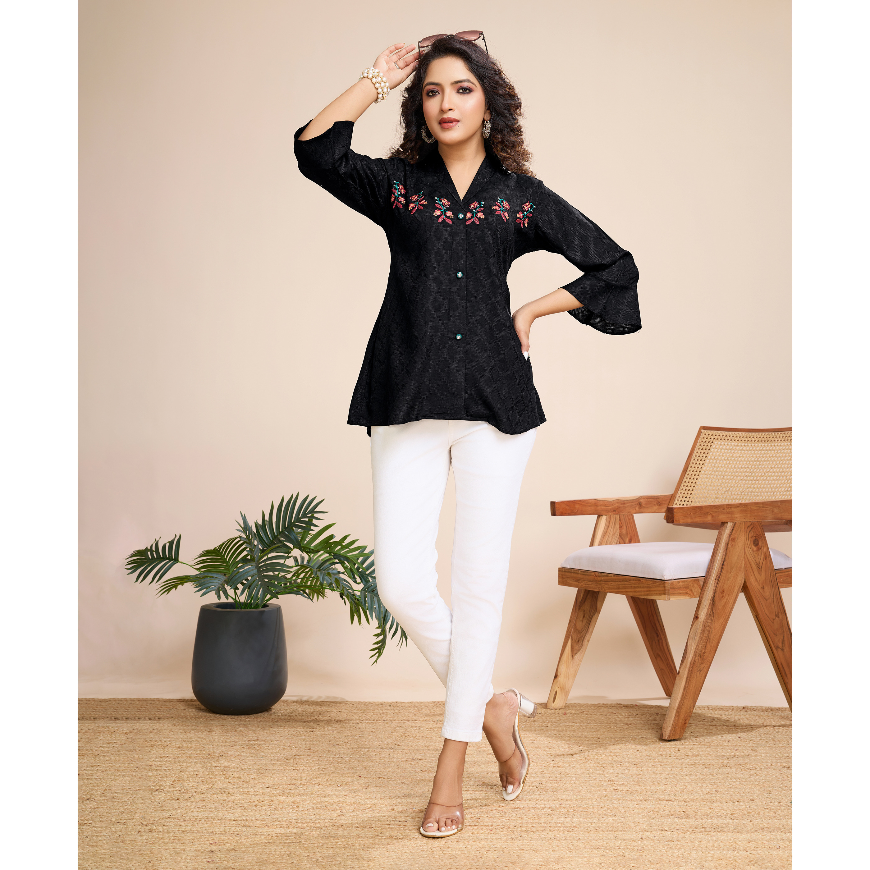 MOJILAA Women's Black Pure Viscose Floral Embroidered Shirt Style Top (Size S, Color Black)
