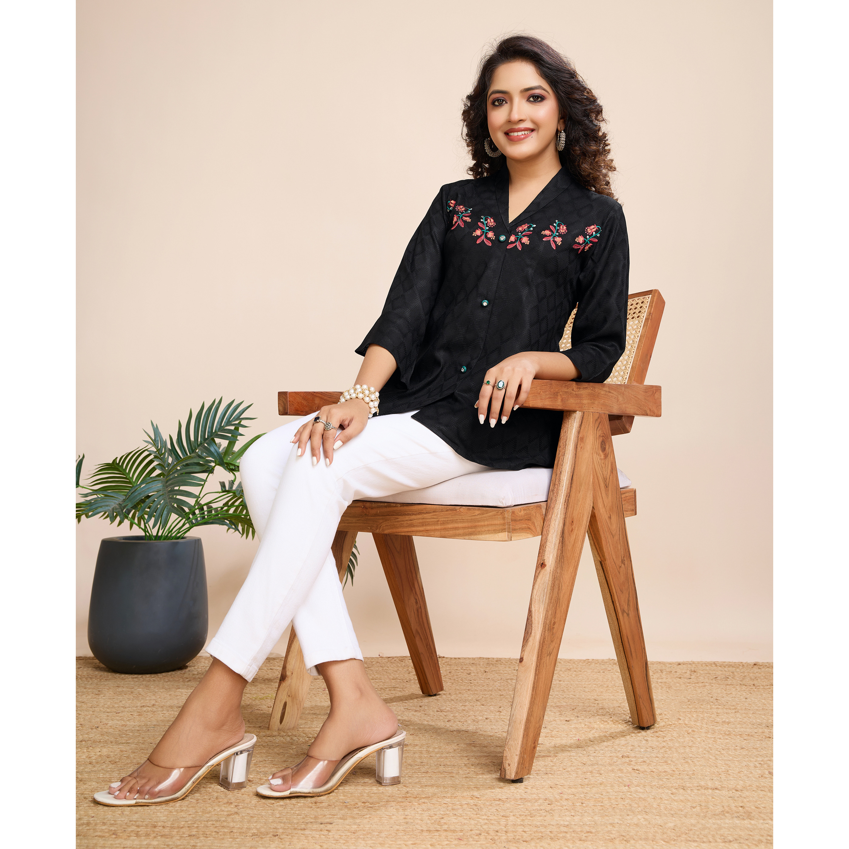 MOJILAA Women's Black Pure Viscose Floral Embroidered Shirt Style Top (Size S, Color Black)