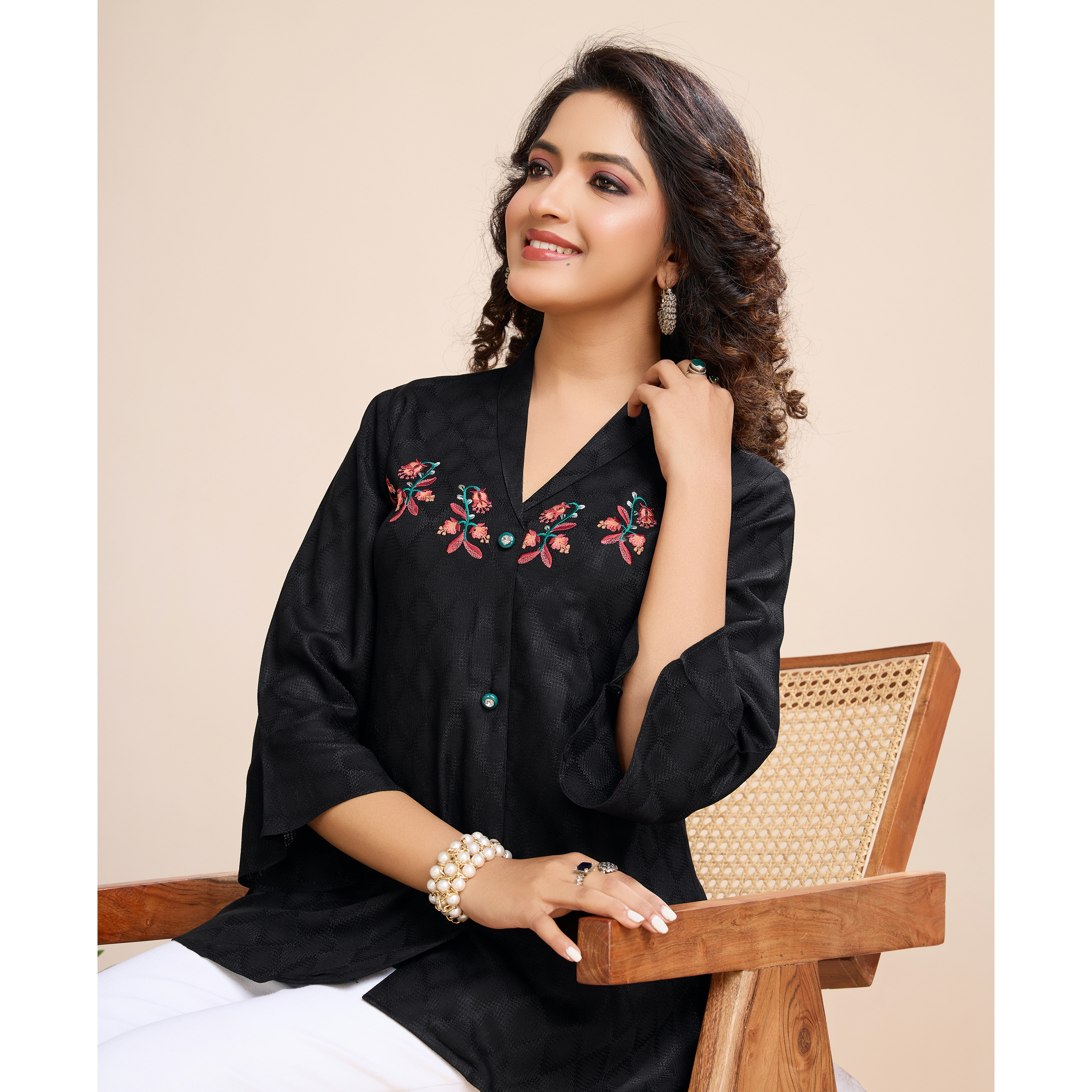 MOJILAA Women's Black Pure Viscose Floral Embroidered Shirt Style Top (Size S, Color Black)