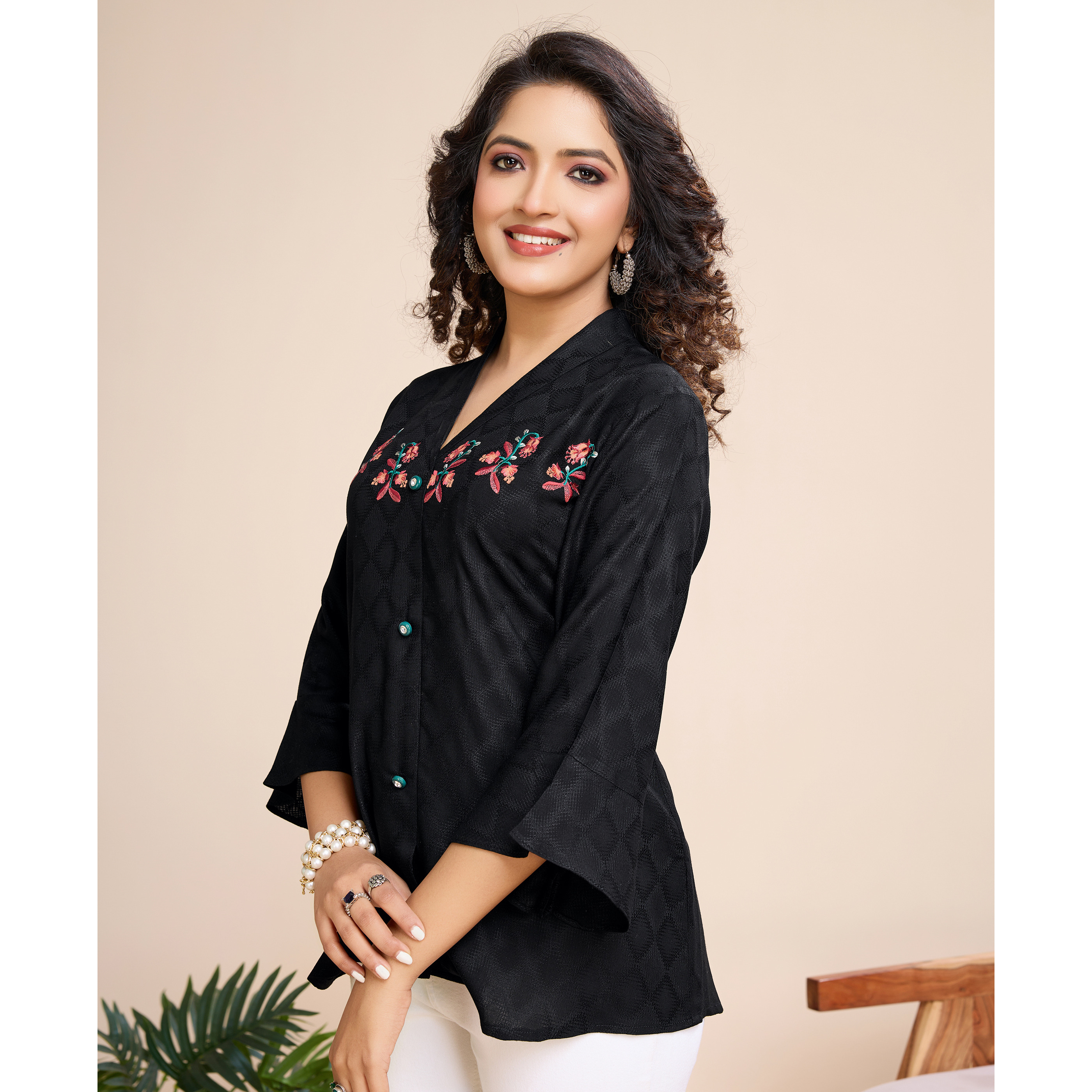 MOJILAA Women's Black Pure Viscose Floral Embroidered Shirt Style Top (Size S, Color Black)