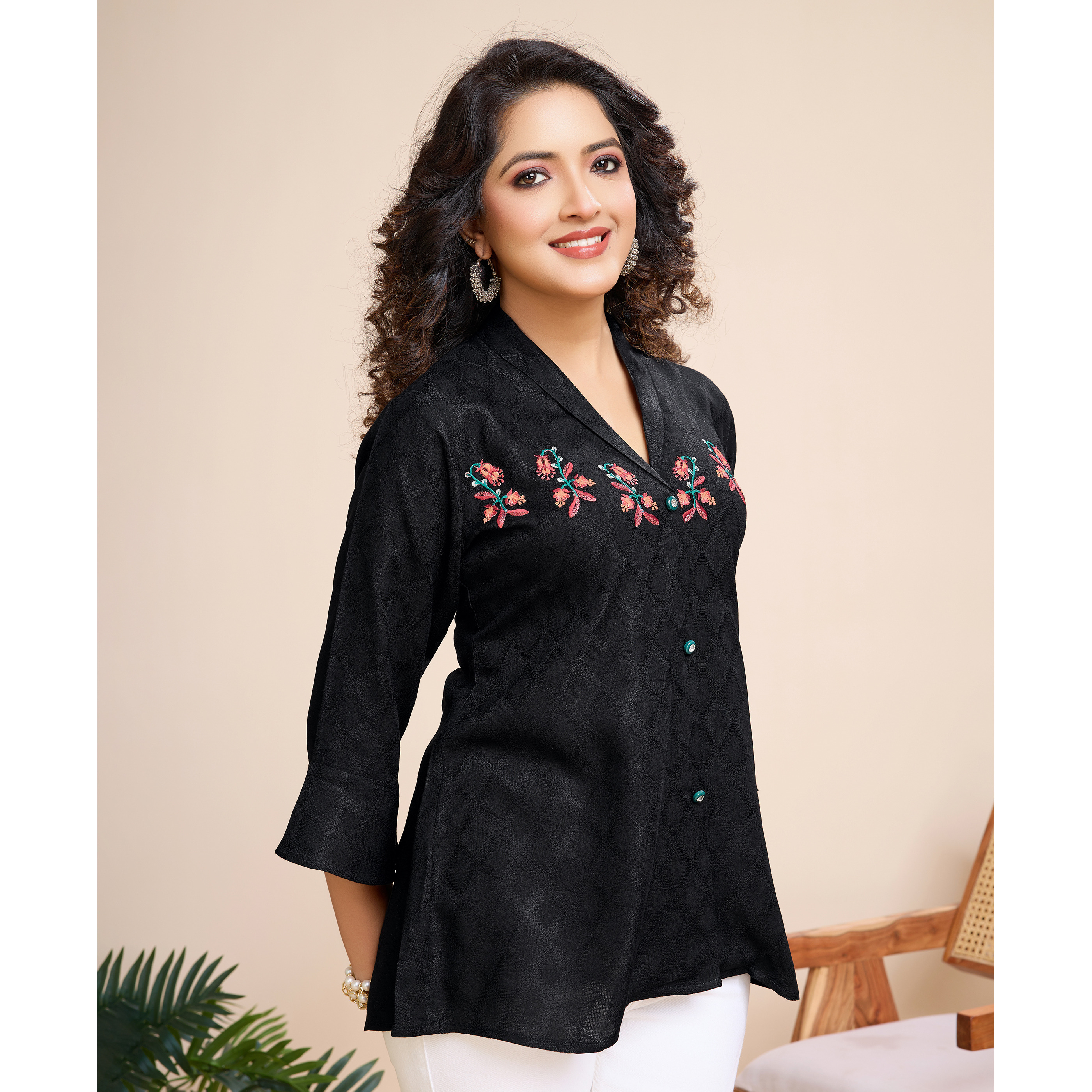MOJILAA Women's Black Pure Viscose Floral Embroidered Shirt Style Top (Size S, Color Black)