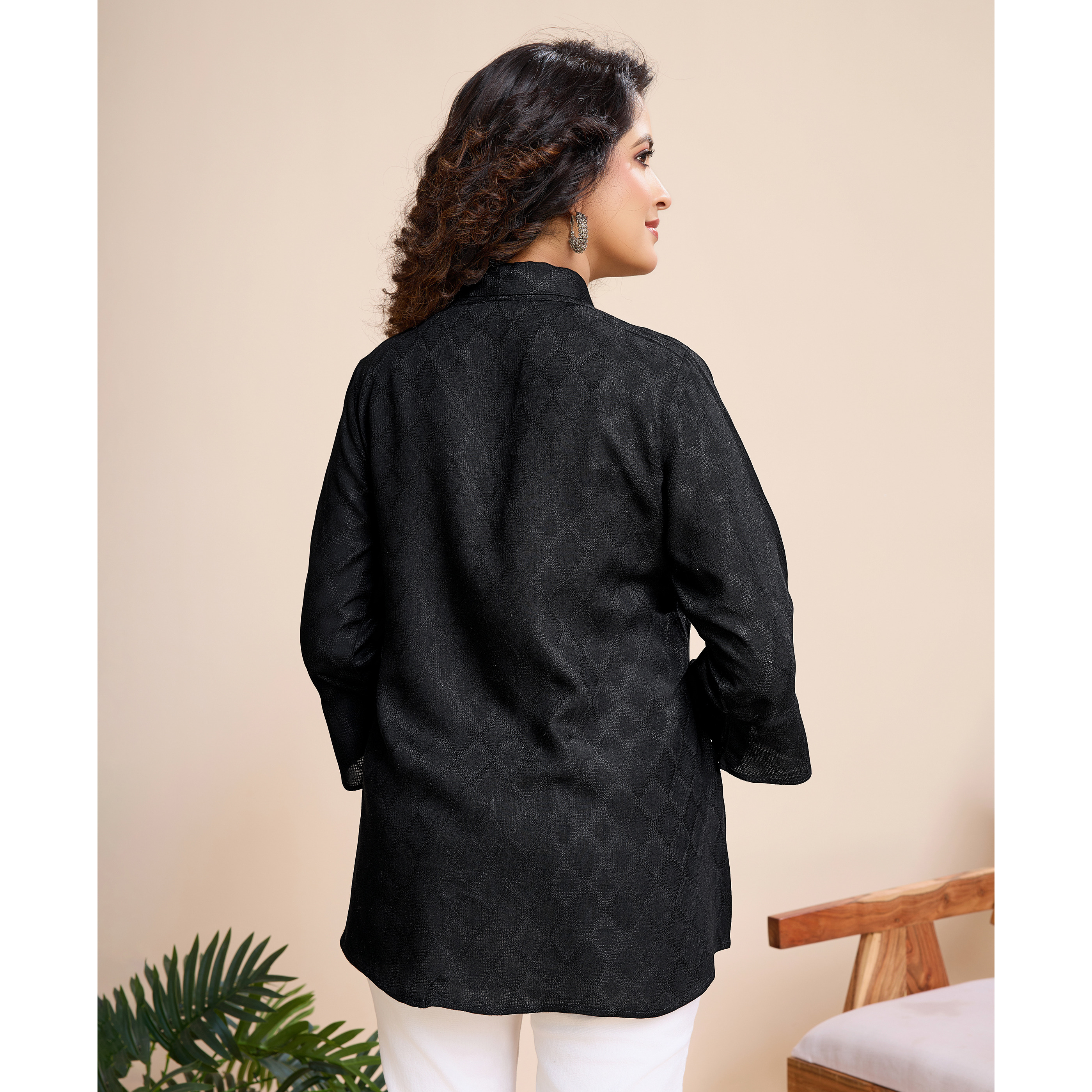 MOJILAA Women's Black Pure Viscose Floral Embroidered Shirt Style Top (Size S, Color Black)