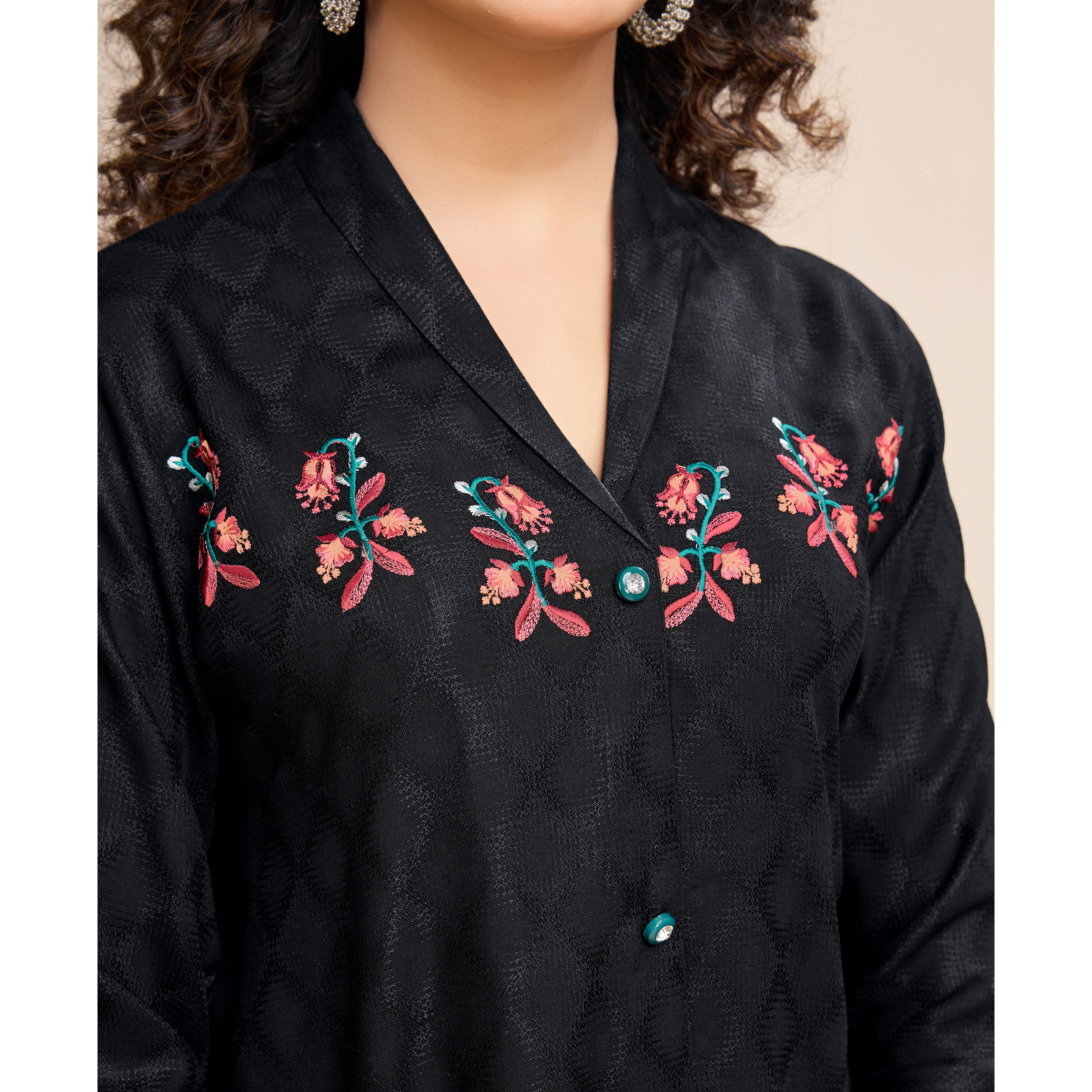 MOJILAA Women's Black Pure Viscose Floral Embroidered Shirt Style Top (Size S, Color Black)