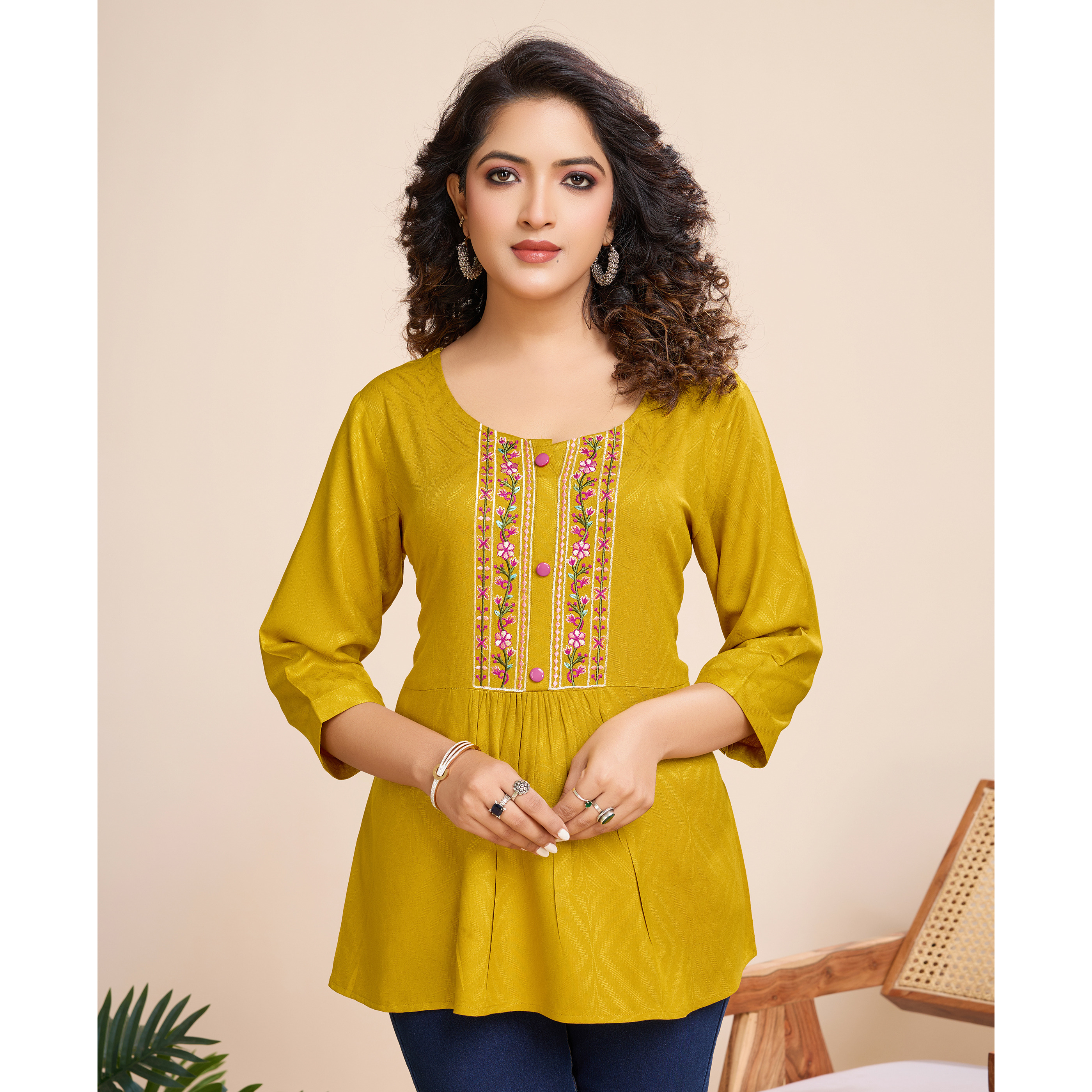 MOJILAA Women's Mustard Pure Viscose Floral Embroidered A-line Top