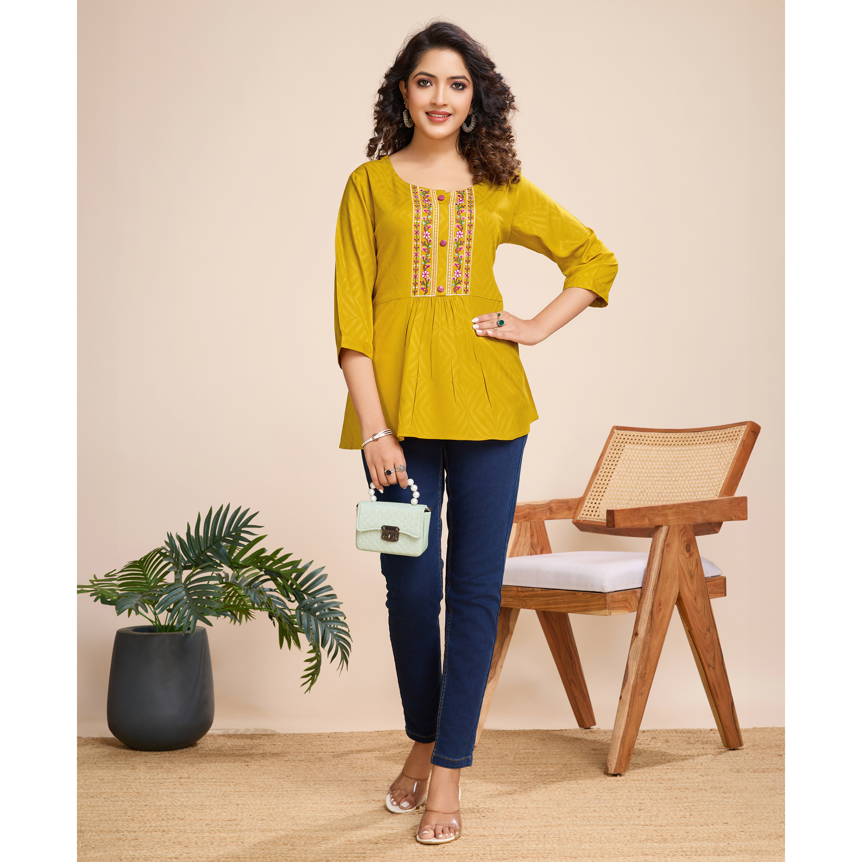 MOJILAA Women's Mustard Pure Viscose Floral Embroidered A-line Top (Size S, Color Mustard)