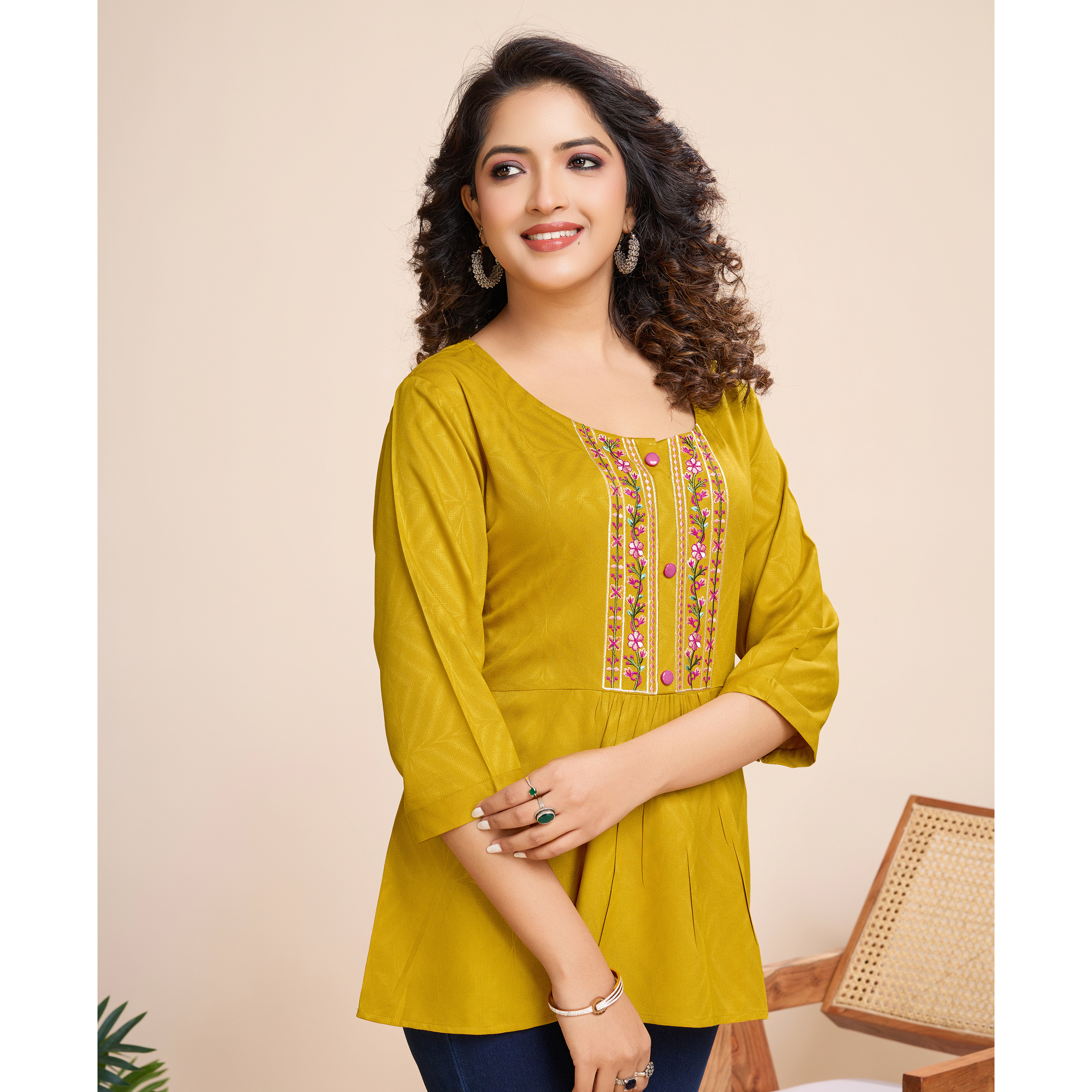 MOJILAA Women's Mustard Pure Viscose Floral Embroidered A-line Top (Size S, Color Mustard)