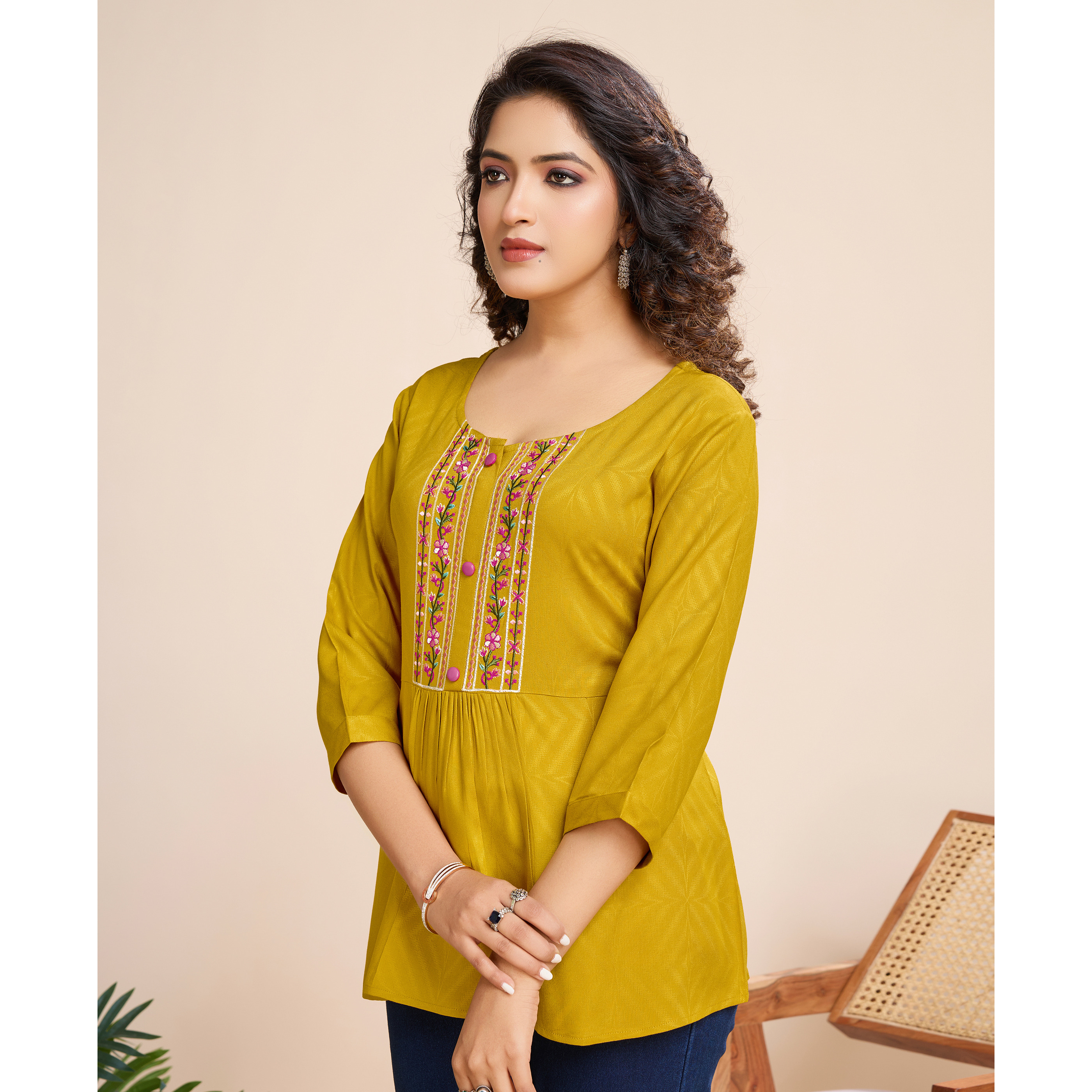 MOJILAA Women's Mustard Pure Viscose Floral Embroidered A-line Top (Size S, Color Mustard)