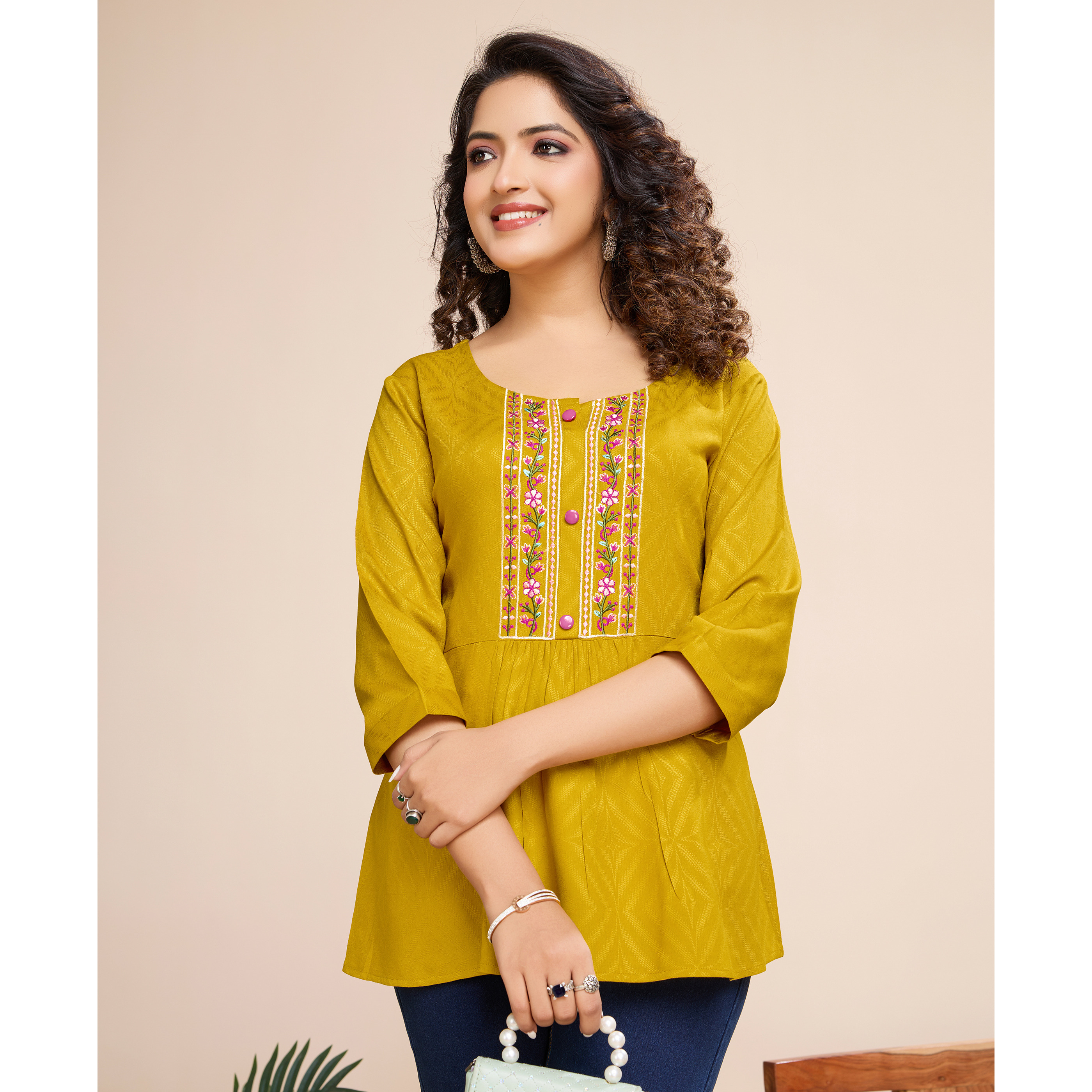 MOJILAA Women's Mustard Pure Viscose Floral Embroidered A-line Top (Size S, Color Mustard)