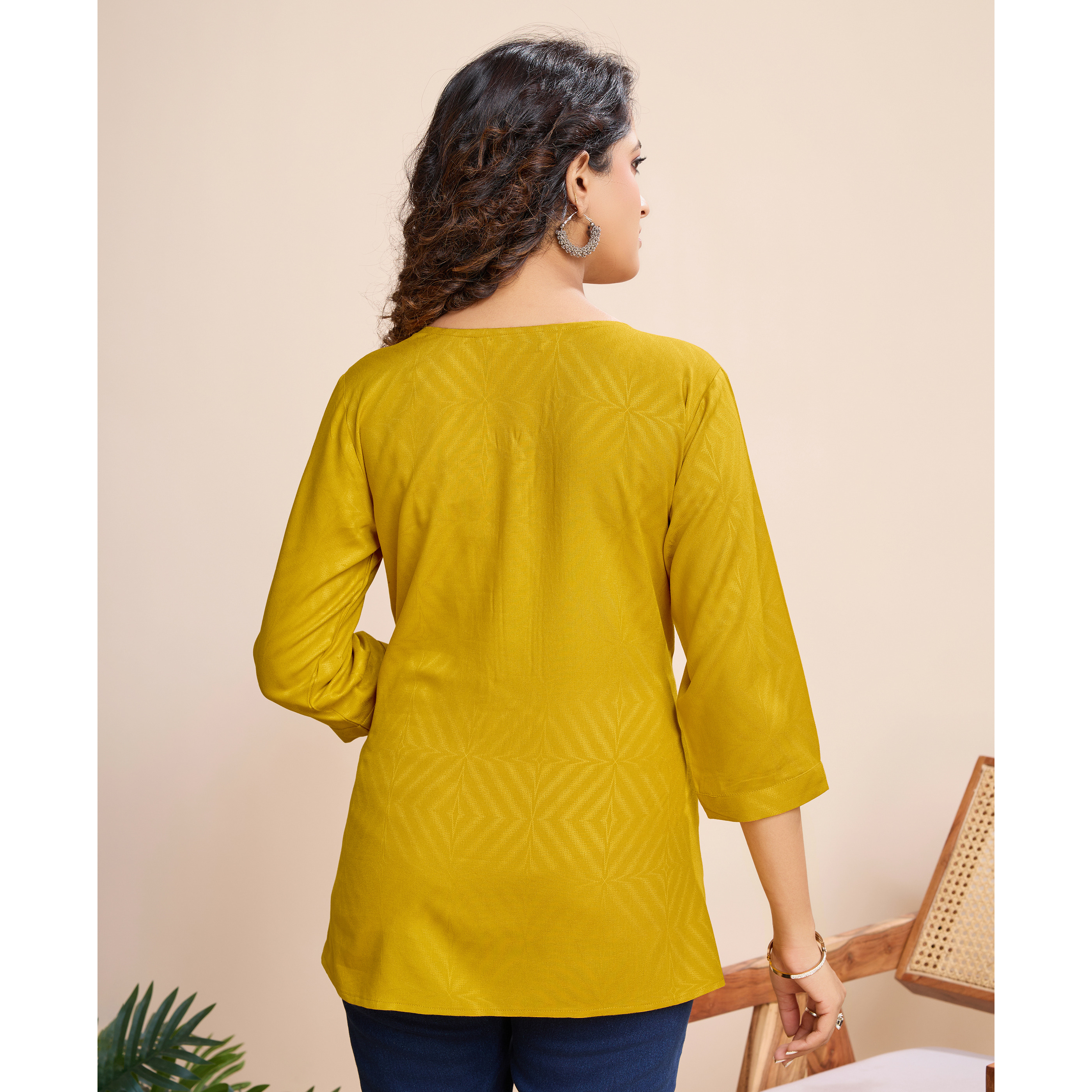 MOJILAA Women's Mustard Pure Viscose Floral Embroidered A-line Top (Size S, Color Mustard)