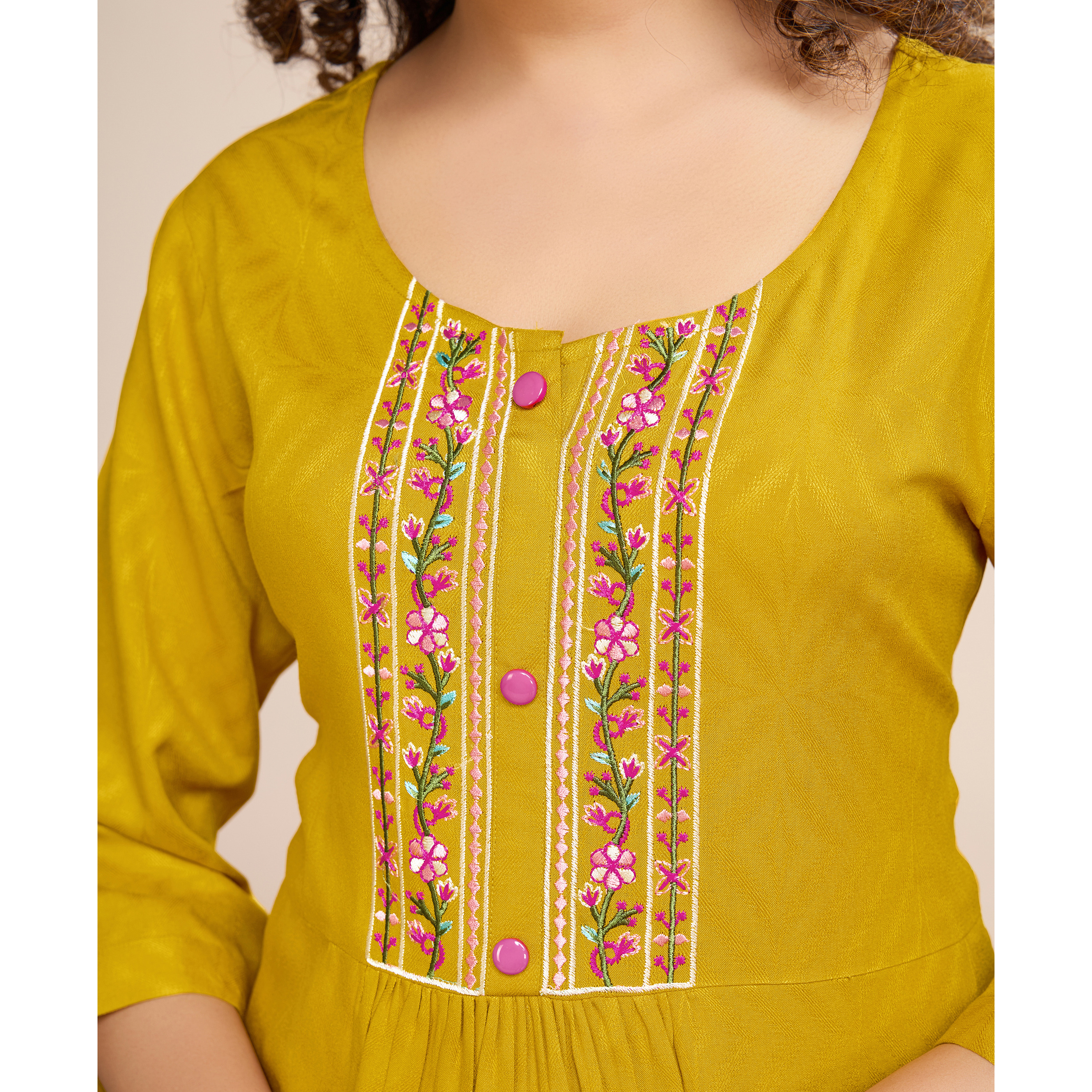 MOJILAA Women's Mustard Pure Viscose Floral Embroidered A-line Top (Size S, Color Mustard)